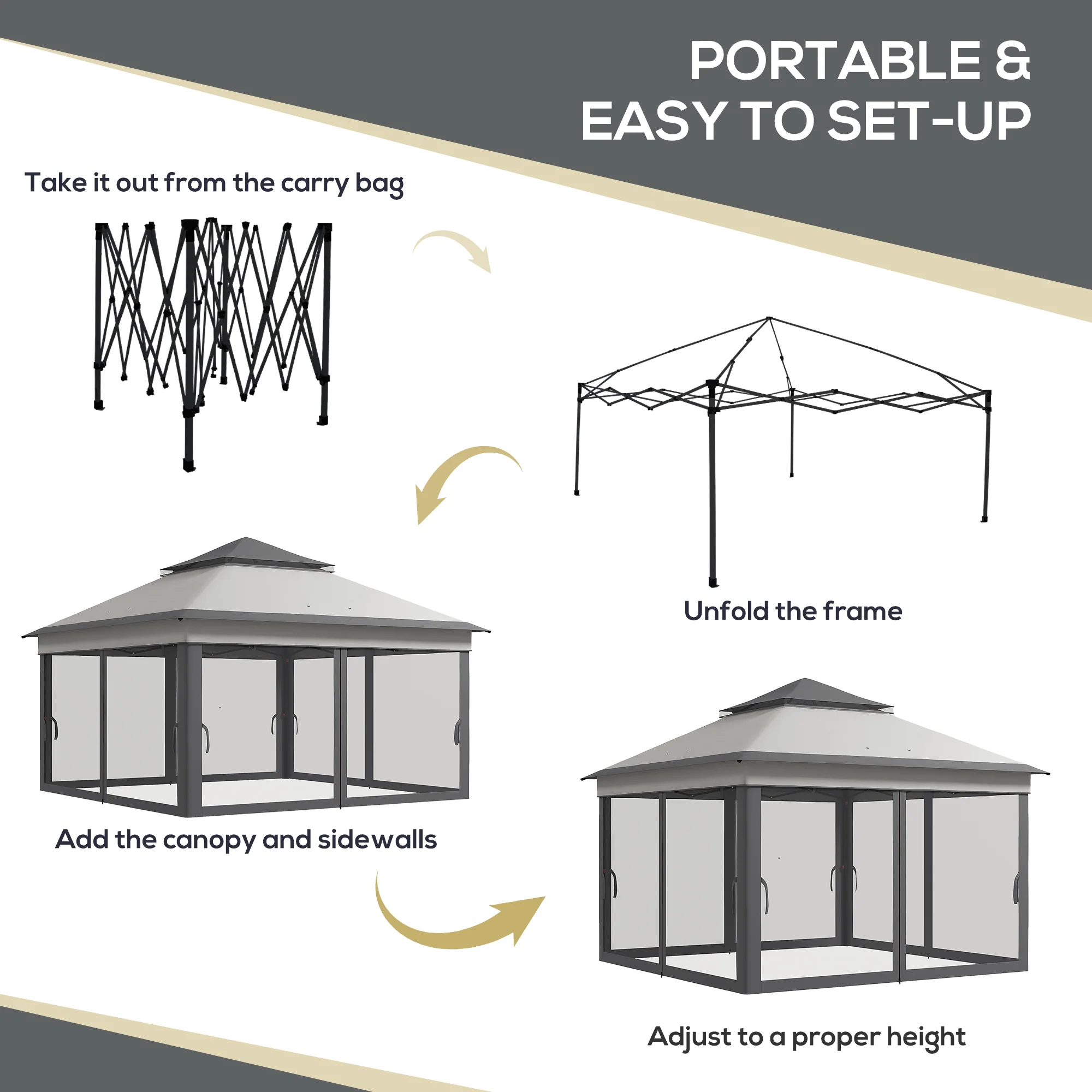 3 x 3m Pop Up Gazebo w/ Netting and Carrying Bag, Height Adjustable & UV-Resistant, Grey - Image 6