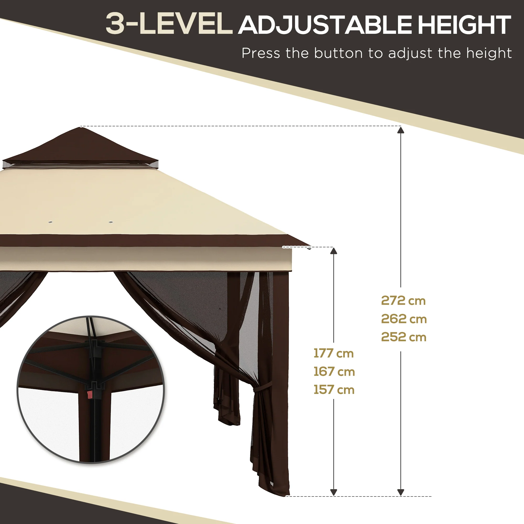 3 x 3m Pop Up Gazebo w/ Netting and Carrying Bag, Height Adjustable & UV-Resistant, Beige - Image 7
