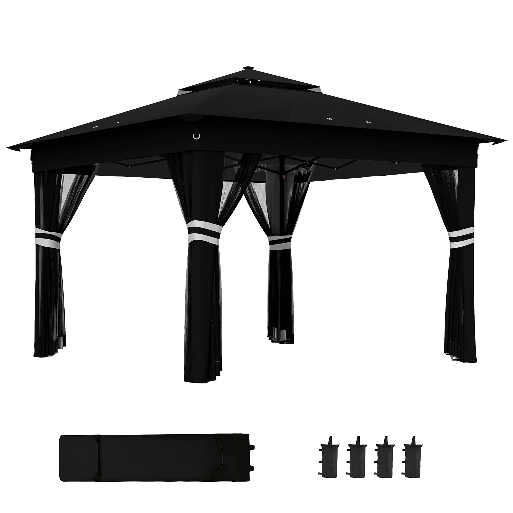 3 x 3m Pop Up Gazebo with Sides, 20 Solar-Powered LED Lights & Netting, Black