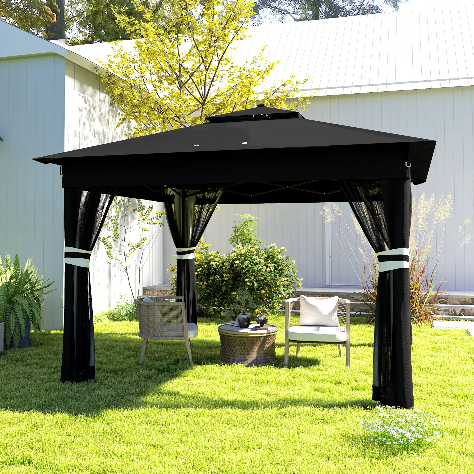 3 x 3m Pop Up Gazebo with Sides, 20 Solar-Powered LED Lights & Netting, Black - Image 10