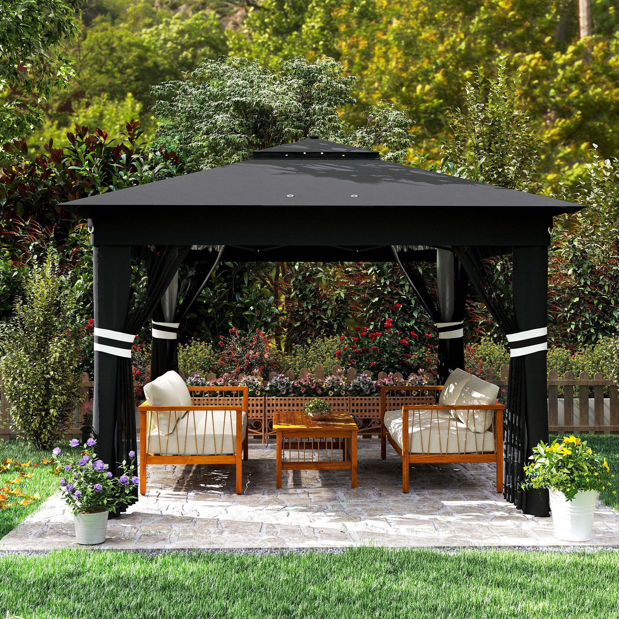 3 x 3m Pop Up Gazebo with Sides, 20 Solar-Powered LED Lights & Netting, Black - Image 11