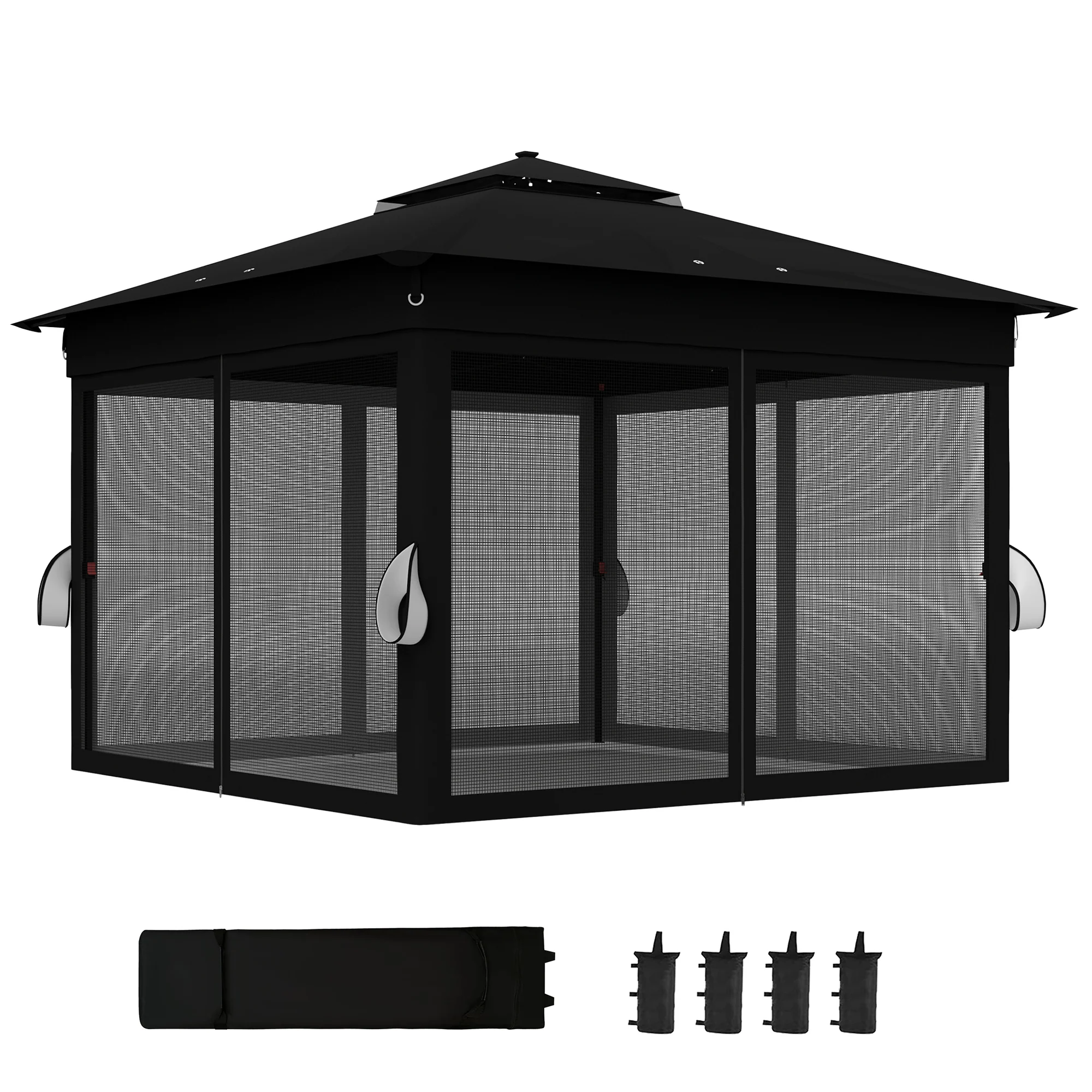 3 x 3m Pop Up Gazebo with Sides, 20 Solar-Powered LED Lights & Netting, Black - Image 2