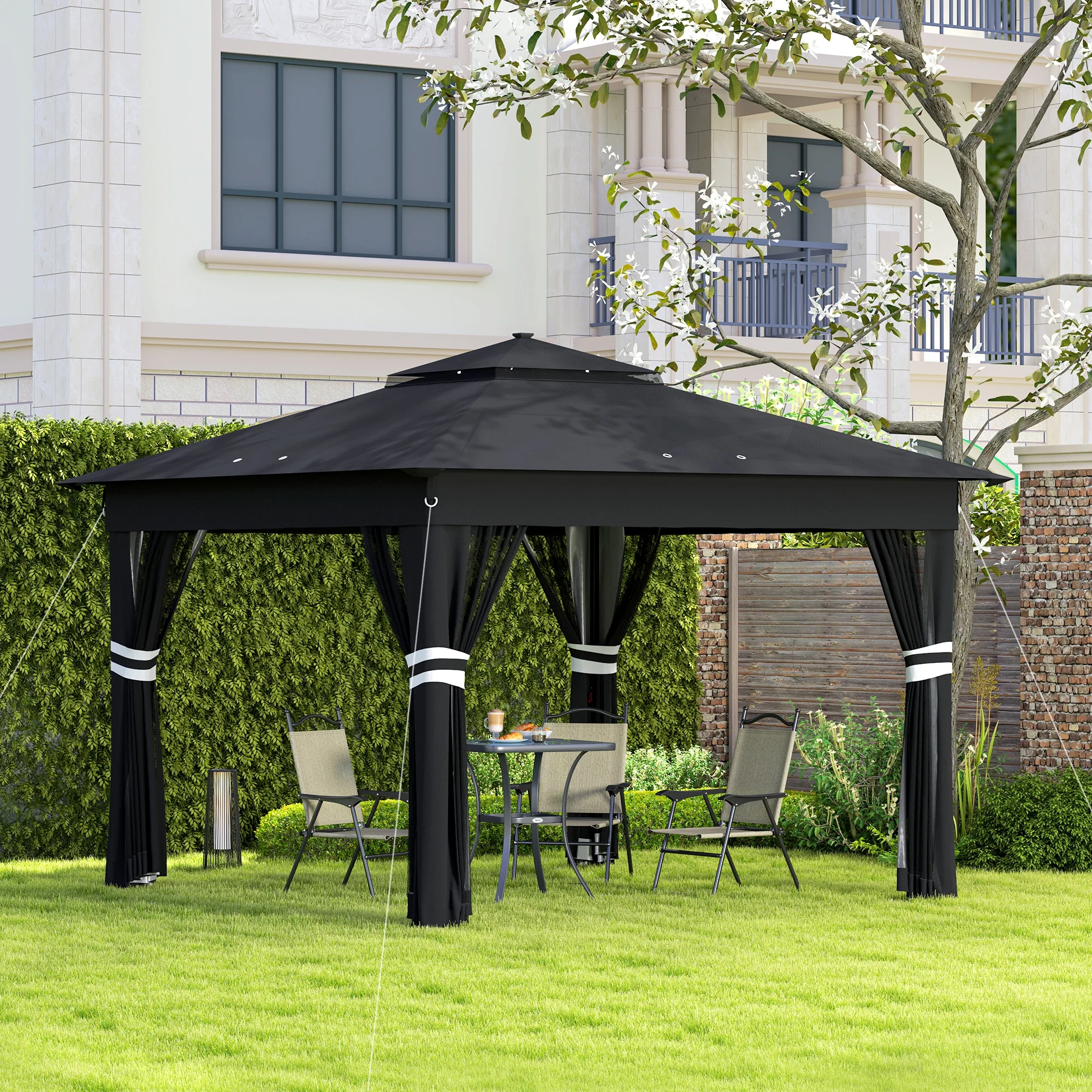 3 x 3m Pop Up Gazebo with Sides, 20 Solar-Powered LED Lights & Netting, Black - Image 3
