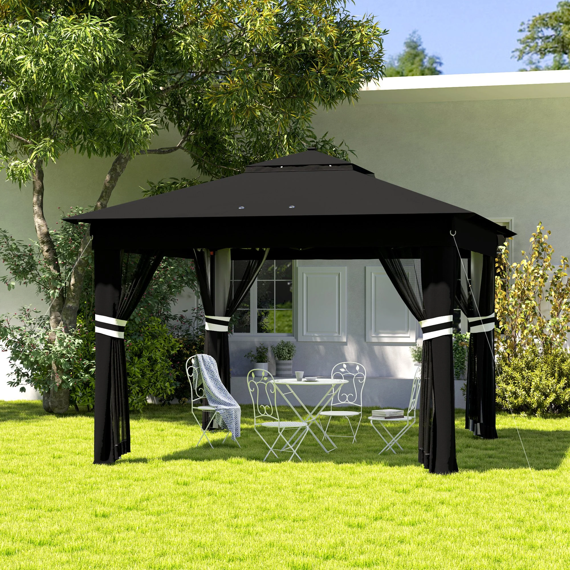 3 x 3m Pop Up Gazebo with Sides, 20 Solar-Powered LED Lights & Netting, Black - Image 4