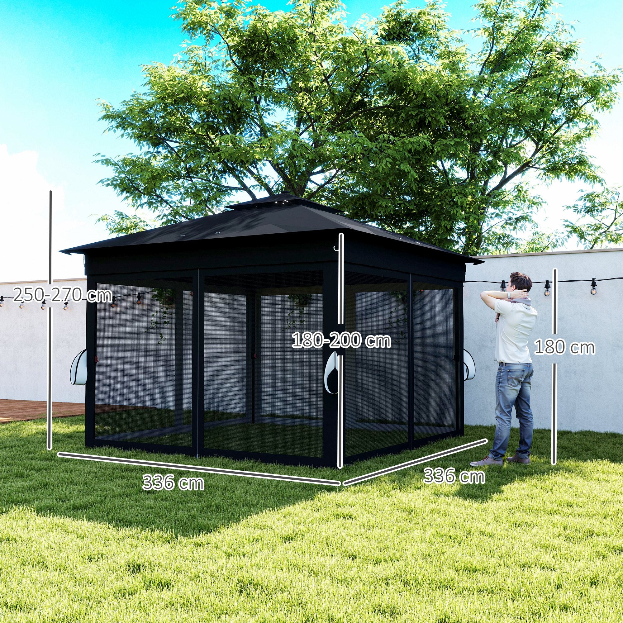 3 x 3m Pop Up Gazebo with Sides, 20 Solar-Powered LED Lights & Netting, Black - Image 5