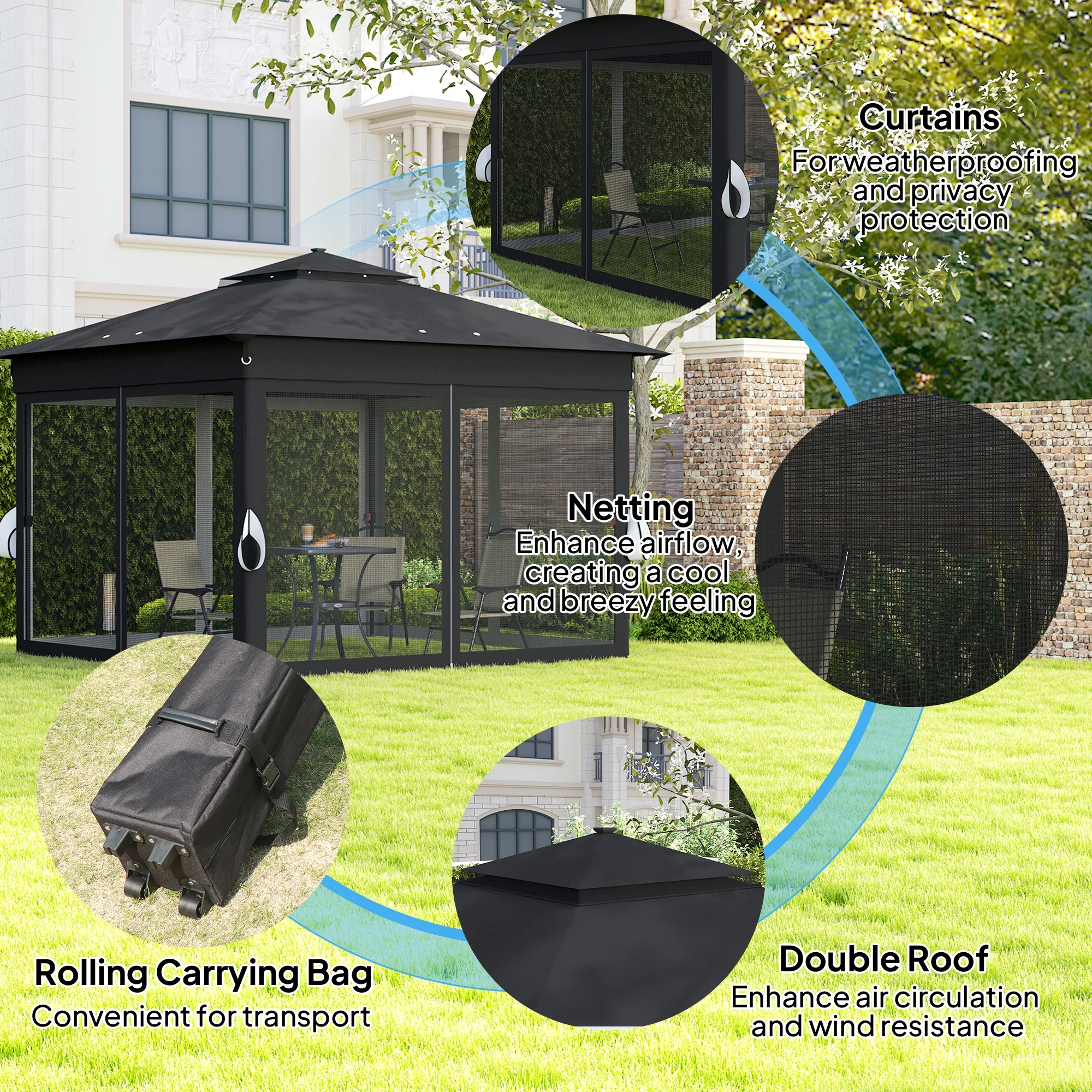 3 x 3m Pop Up Gazebo with Sides, 20 Solar-Powered LED Lights & Netting, Black - Image 7