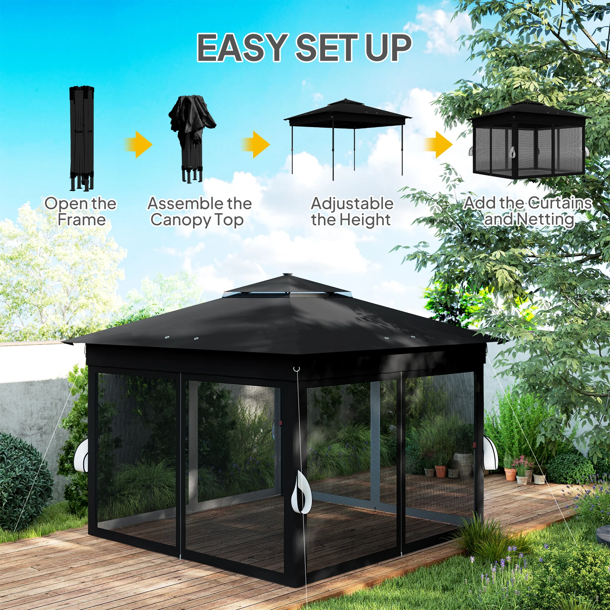 3 x 3m Pop Up Gazebo with Sides, 20 Solar-Powered LED Lights & Netting, Black - Image 8