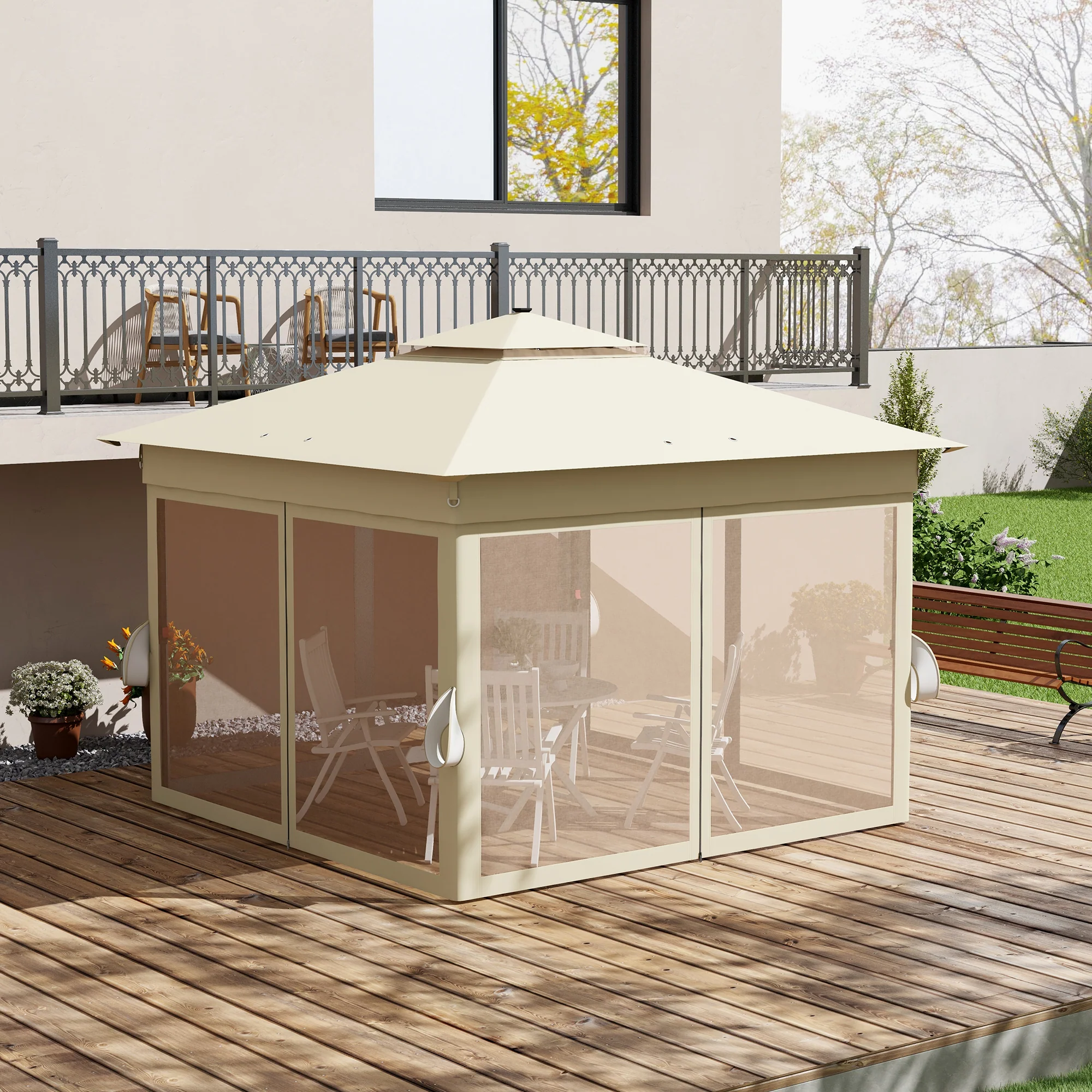3 x 3m Pop Up Gazebo with Sides, LED Lights & Netting, Instant Event Shelter, Khaki - Image 10