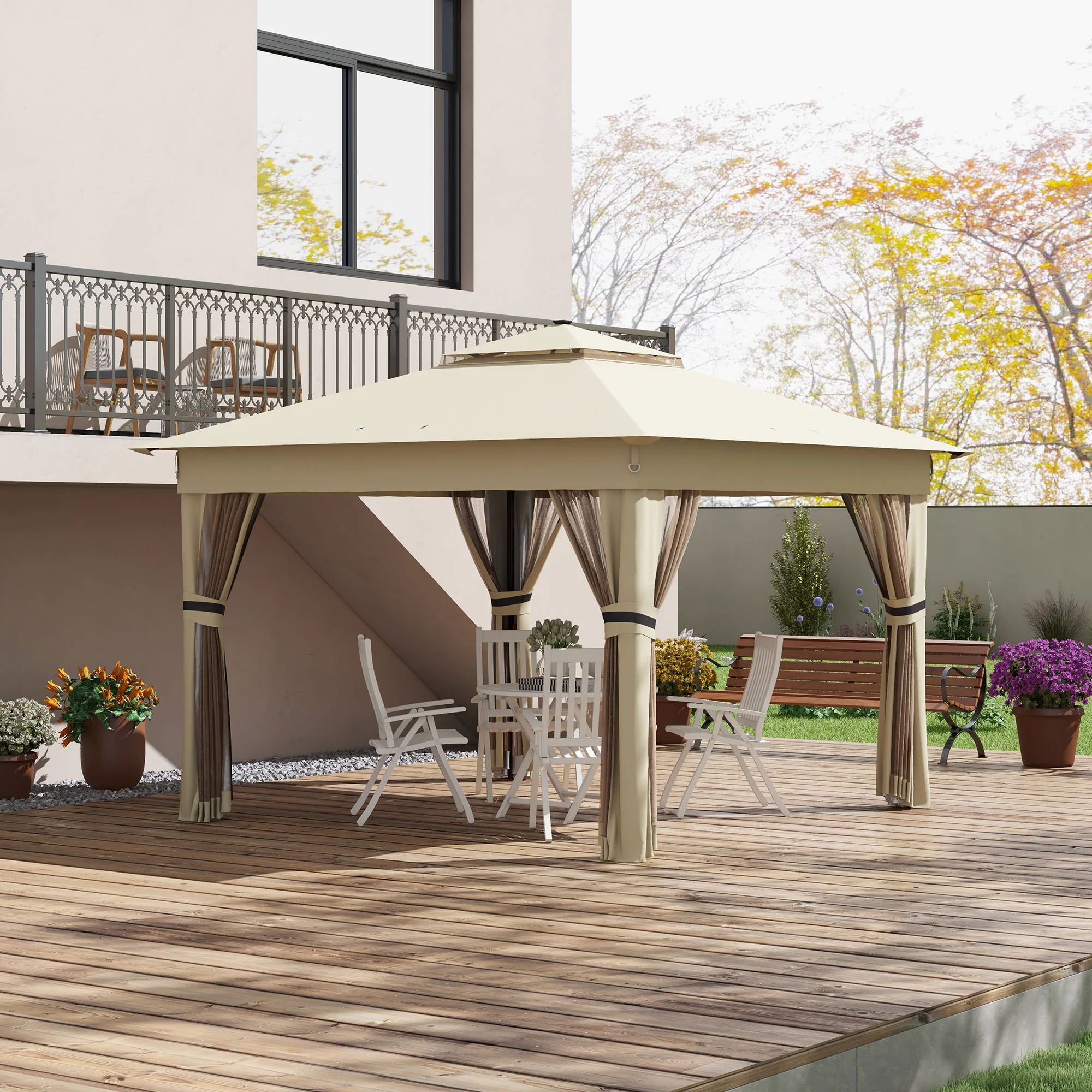3 x 3m Pop Up Gazebo with Sides, LED Lights & Netting, Instant Event Shelter, Khaki - Image 3