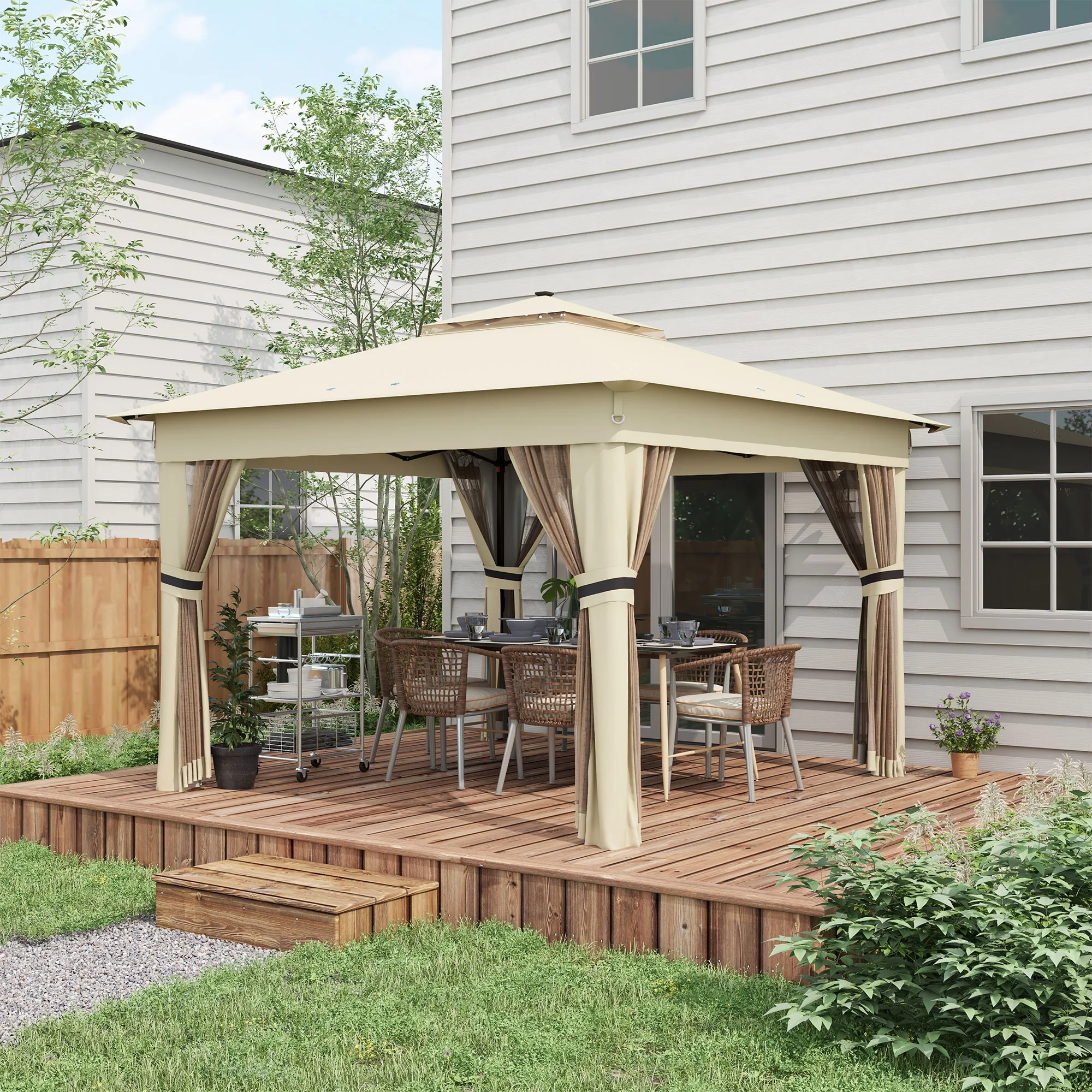 3 x 3m Pop Up Gazebo with Sides, LED Lights & Netting, Instant Event Shelter, Khaki - Image 4
