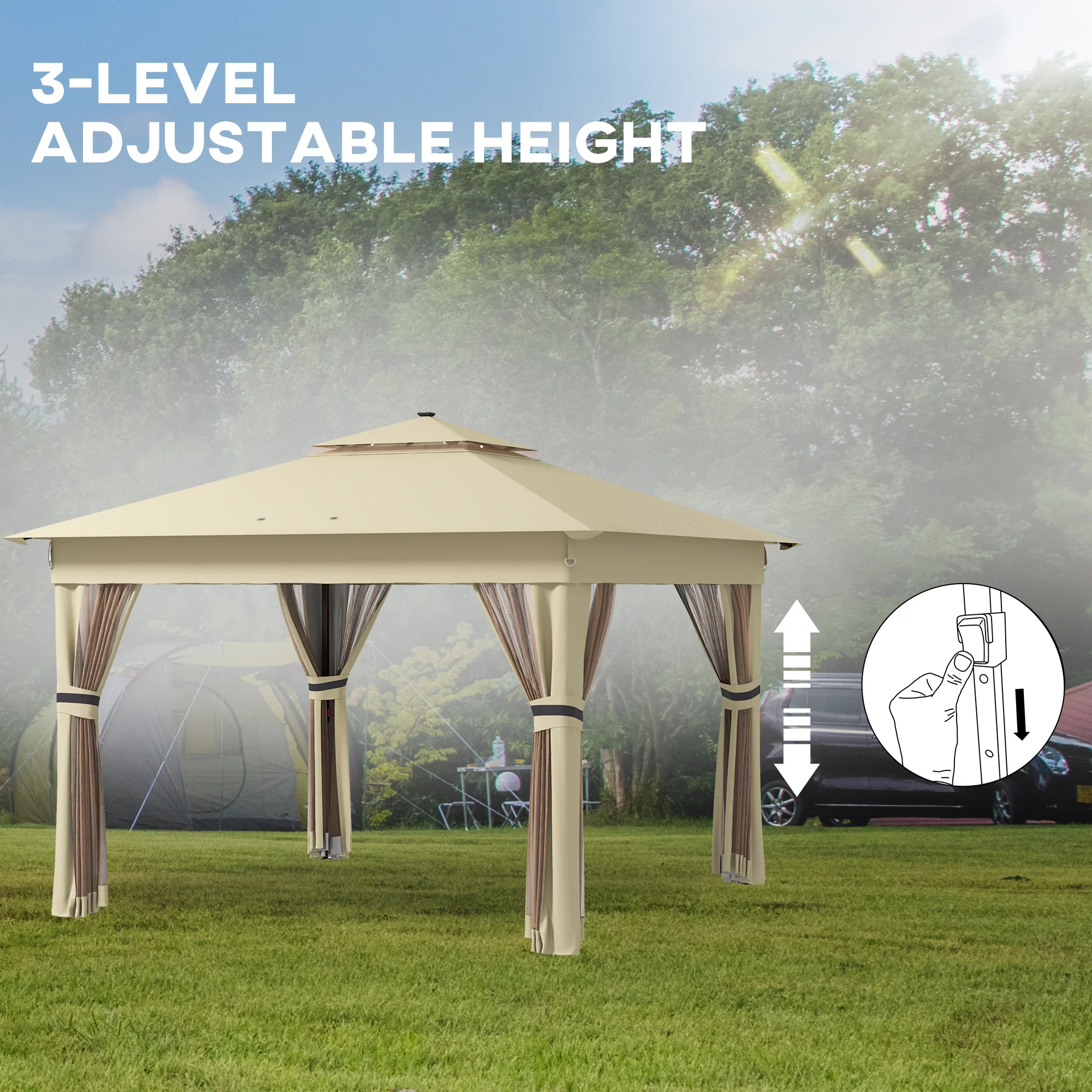3 x 3m Pop Up Gazebo with Sides, LED Lights & Netting, Instant Event Shelter, Khaki - Image 9