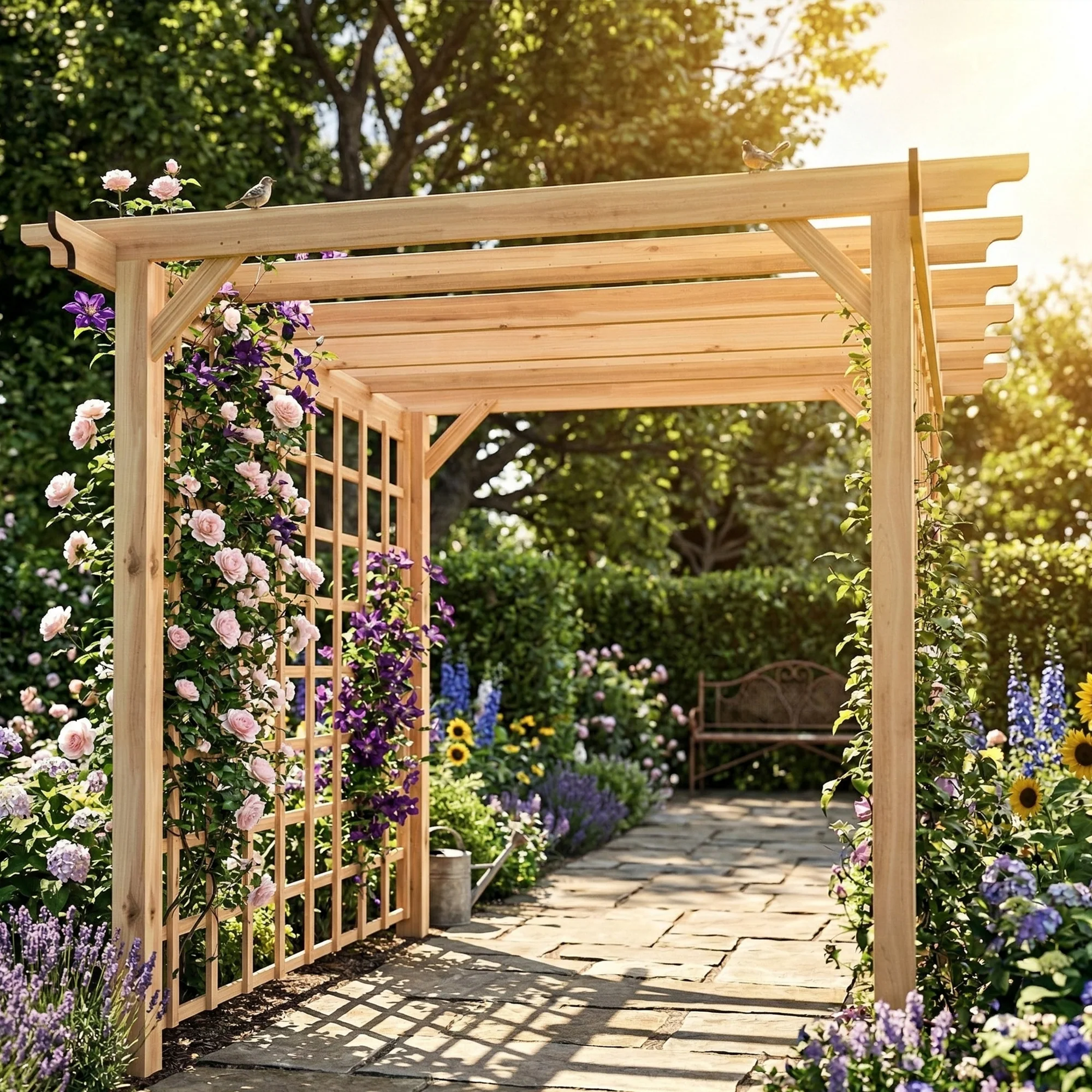 3 x 3 m Natural Wood Pergola Kit with Grape Trellis & Triangle Supports - Image 10