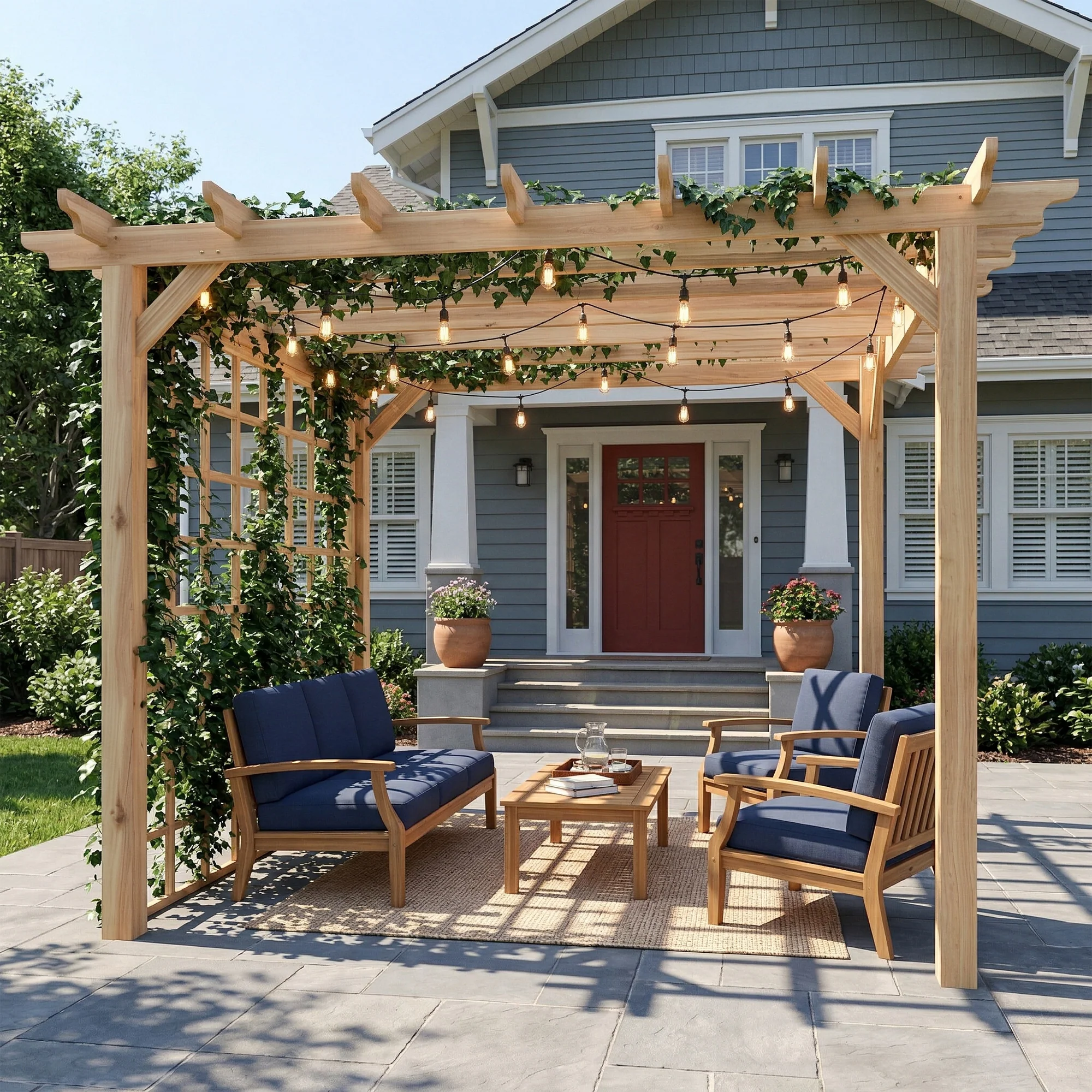 3 x 3 m Natural Wood Pergola Kit with Grape Trellis & Triangle Supports - Image 11