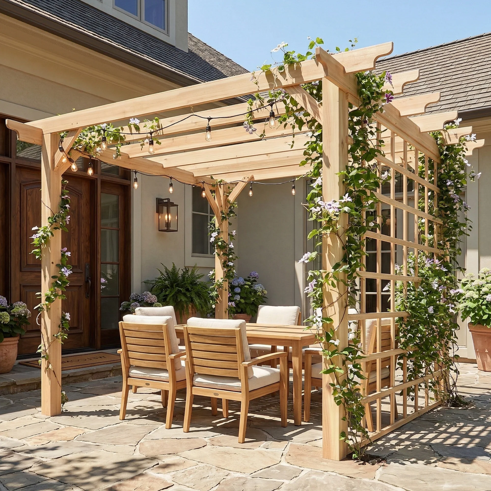 3 x 3 m Natural Wood Pergola Kit with Grape Trellis & Triangle Supports - Image 3