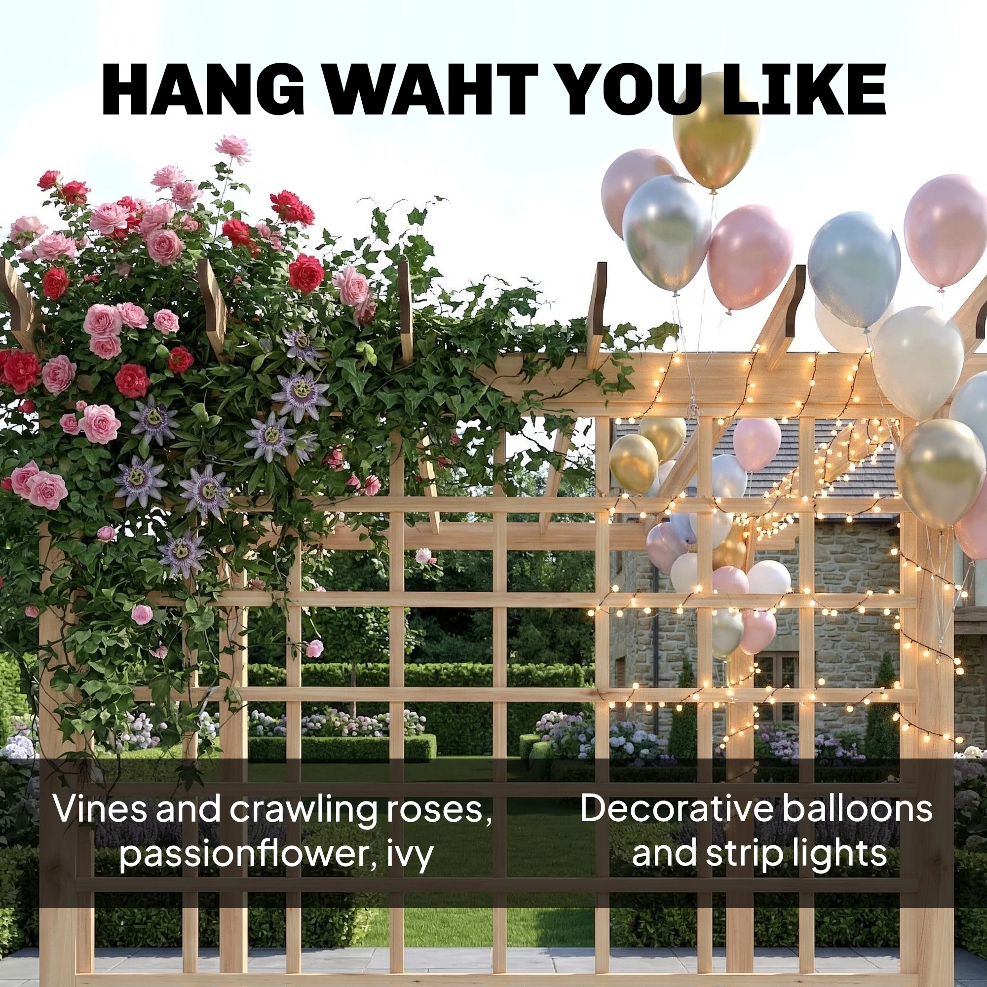 3 x 3 m Natural Wood Pergola Kit with Grape Trellis & Triangle Supports - Image 9