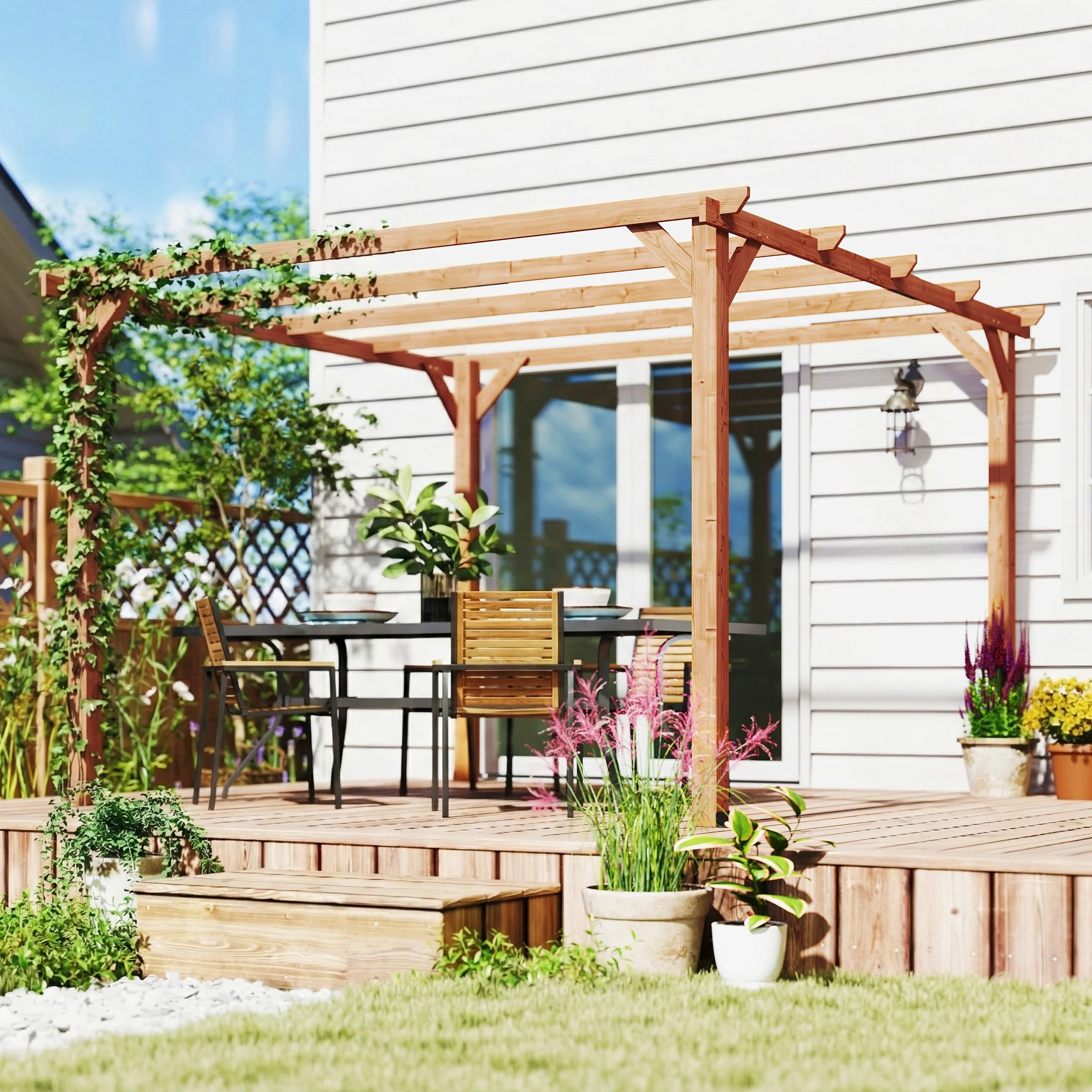 PerArbor 3 x 3 m Wooden Pergola Kit with Triangle Supports, 5 Crossing Beams, Maple Wood-effect - Image 10