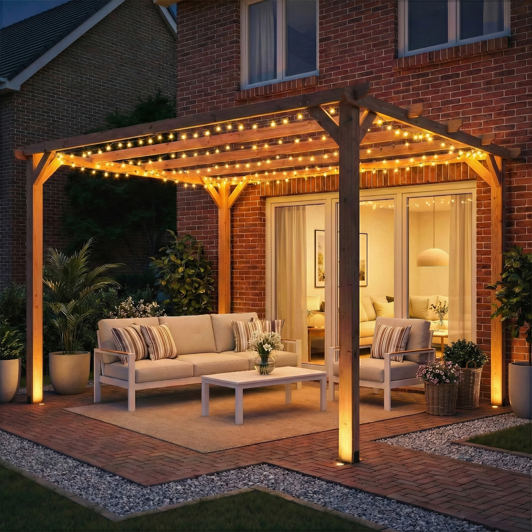 PerArbor 3 x 3 m Wooden Pergola Kit with Triangle Supports, 5 Crossing Beams, Maple Wood-effect - Image 11