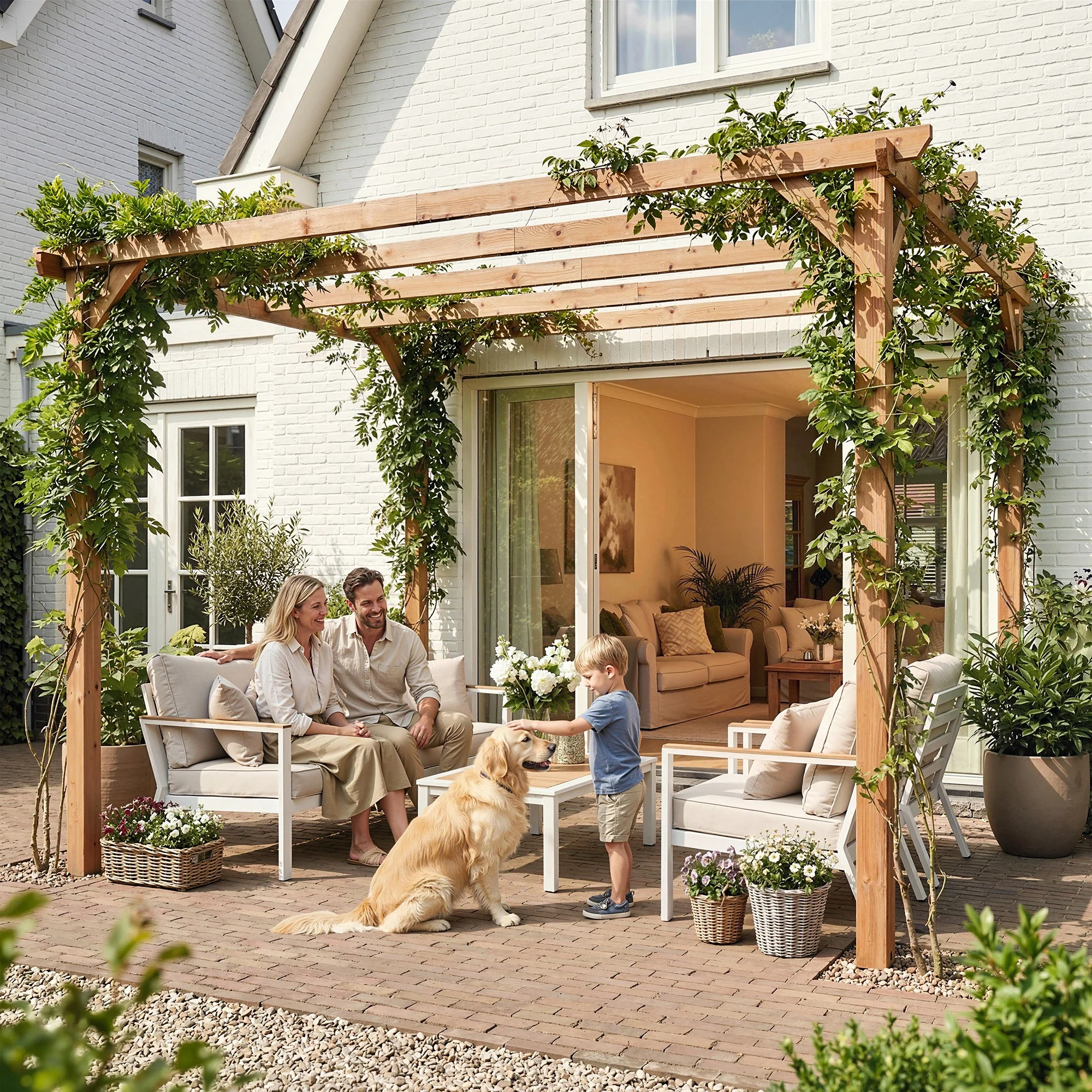 PerArbor 3 x 3 m Wooden Pergola Kit with Triangle Supports, 5 Crossing Beams, Maple Wood-effect - Image 3