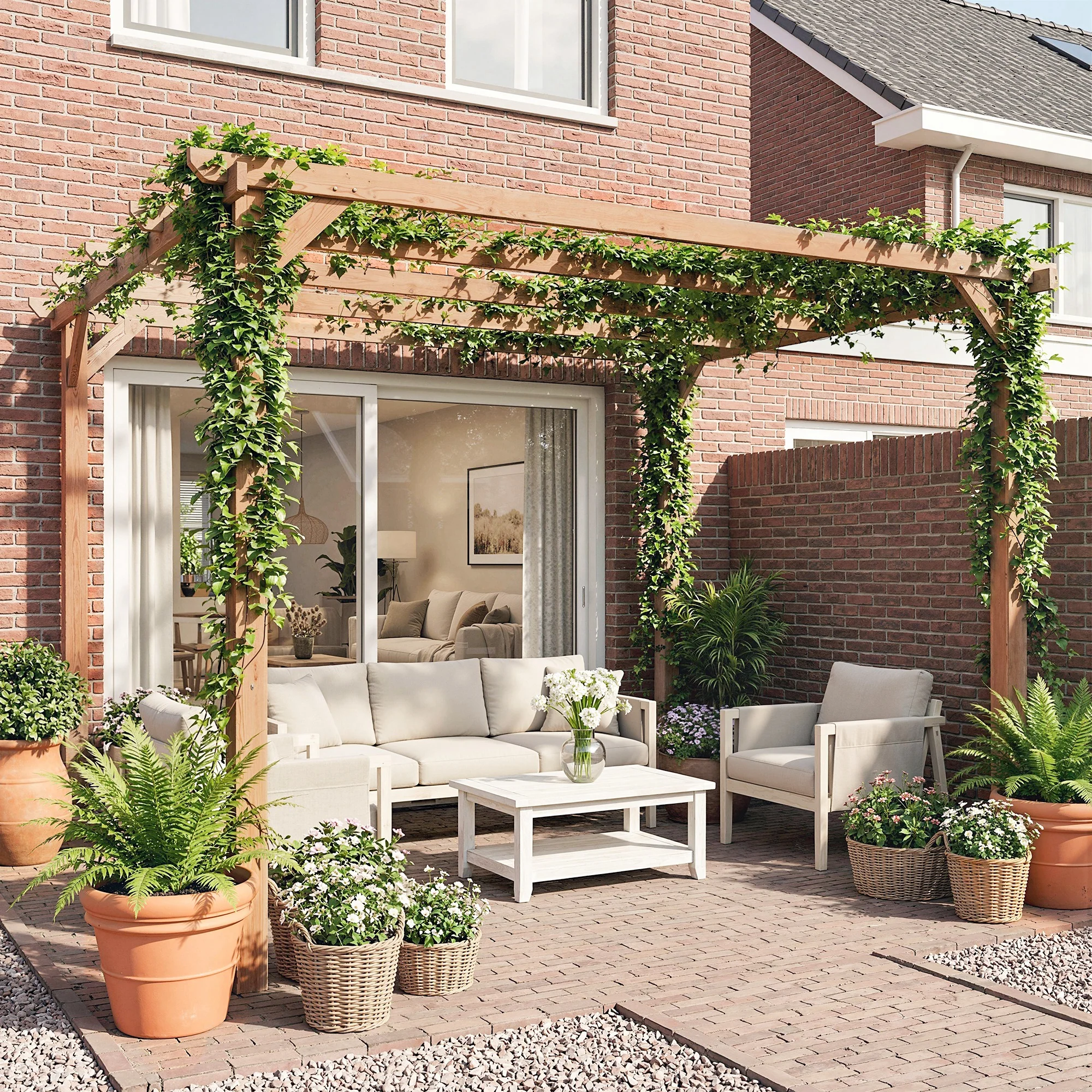 PerArbor 3 x 3 m Wooden Pergola Kit with Triangle Supports, 5 Crossing Beams, Maple Wood-effect - Image 4