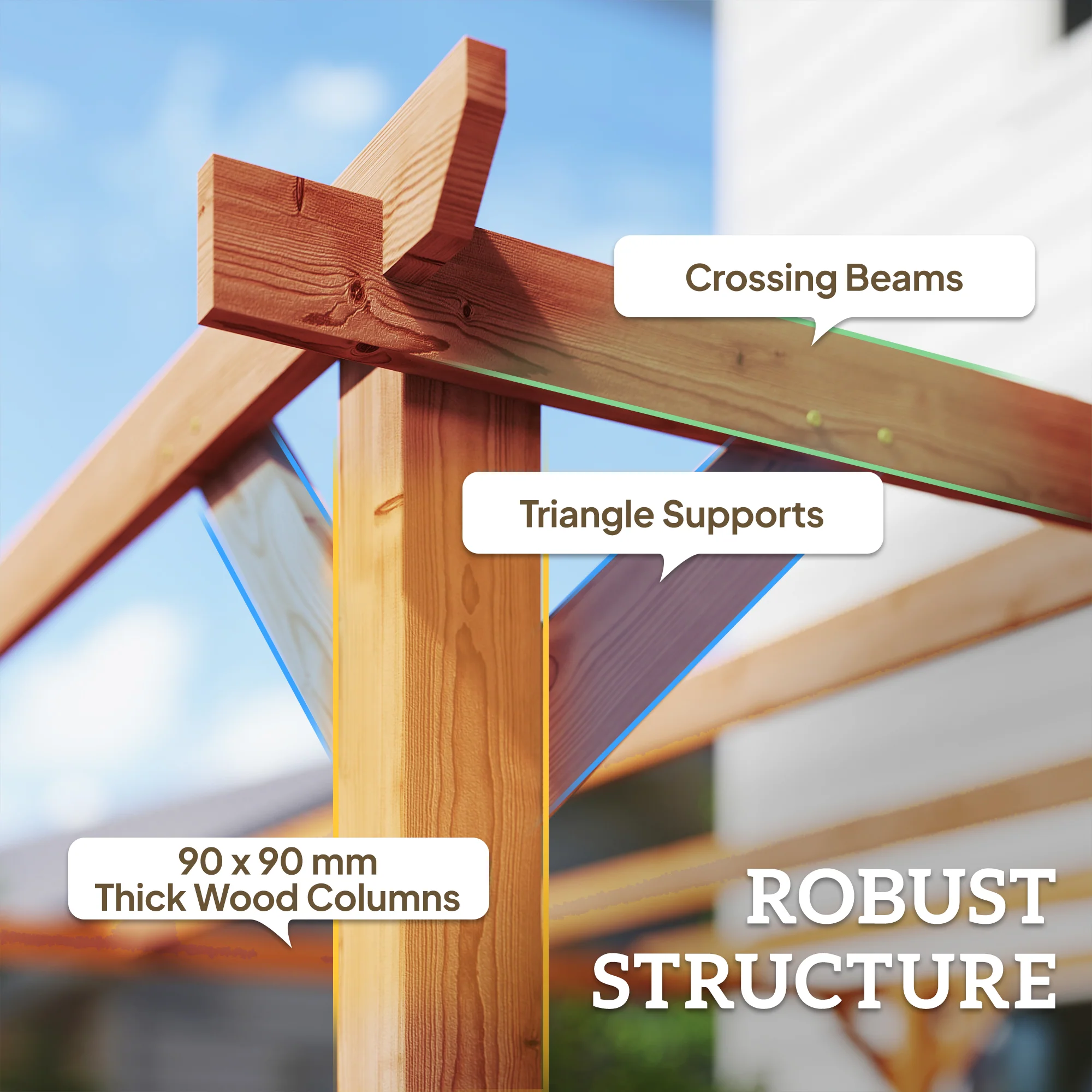 PerArbor 3 x 3 m Wooden Pergola Kit with Triangle Supports, 5 Crossing Beams, Maple Wood-effect - Image 6