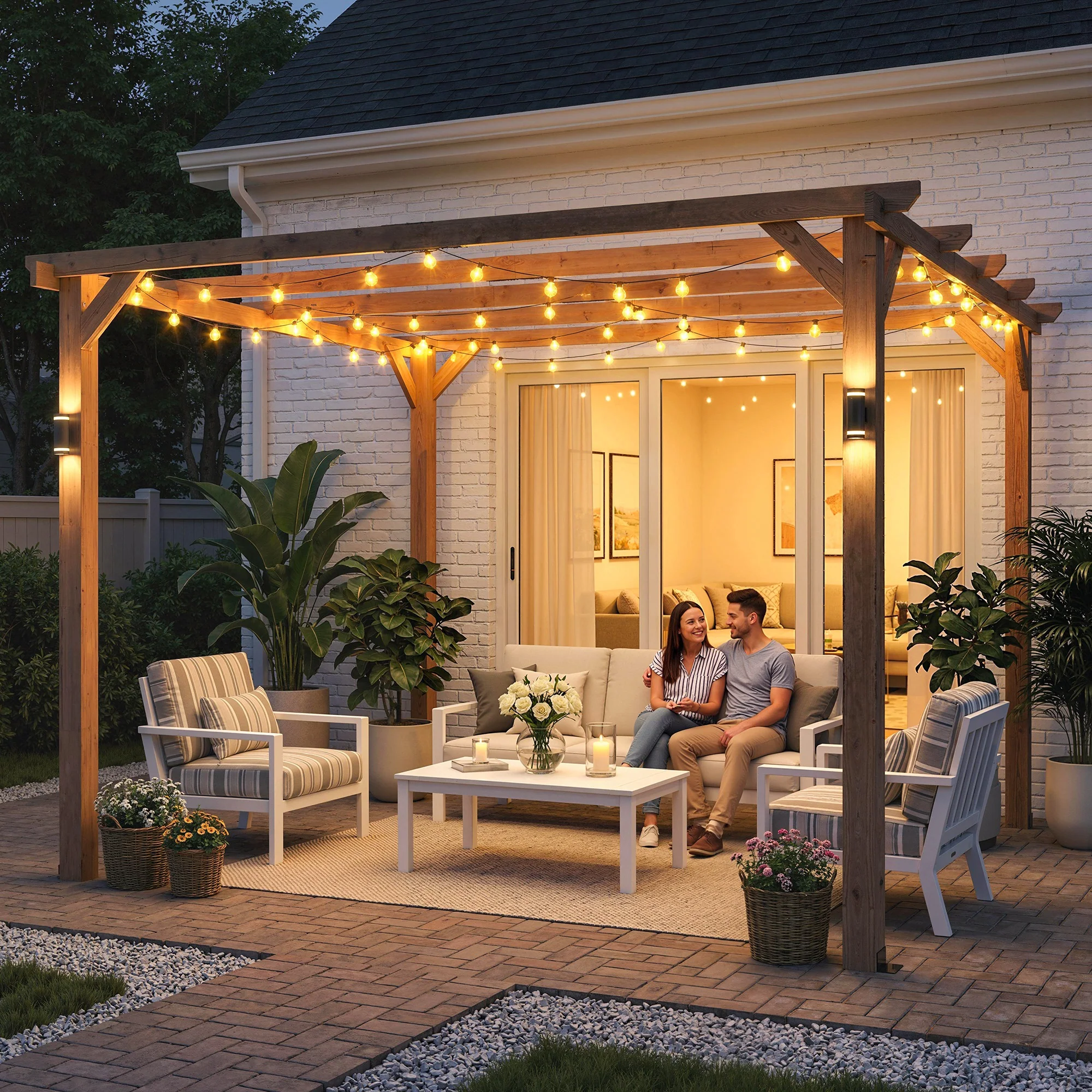 PerArbor 3 x 3 m Wooden Pergola Kit with Triangle Supports, 5 Crossing Beams, Maple Wood-effect - Image 9