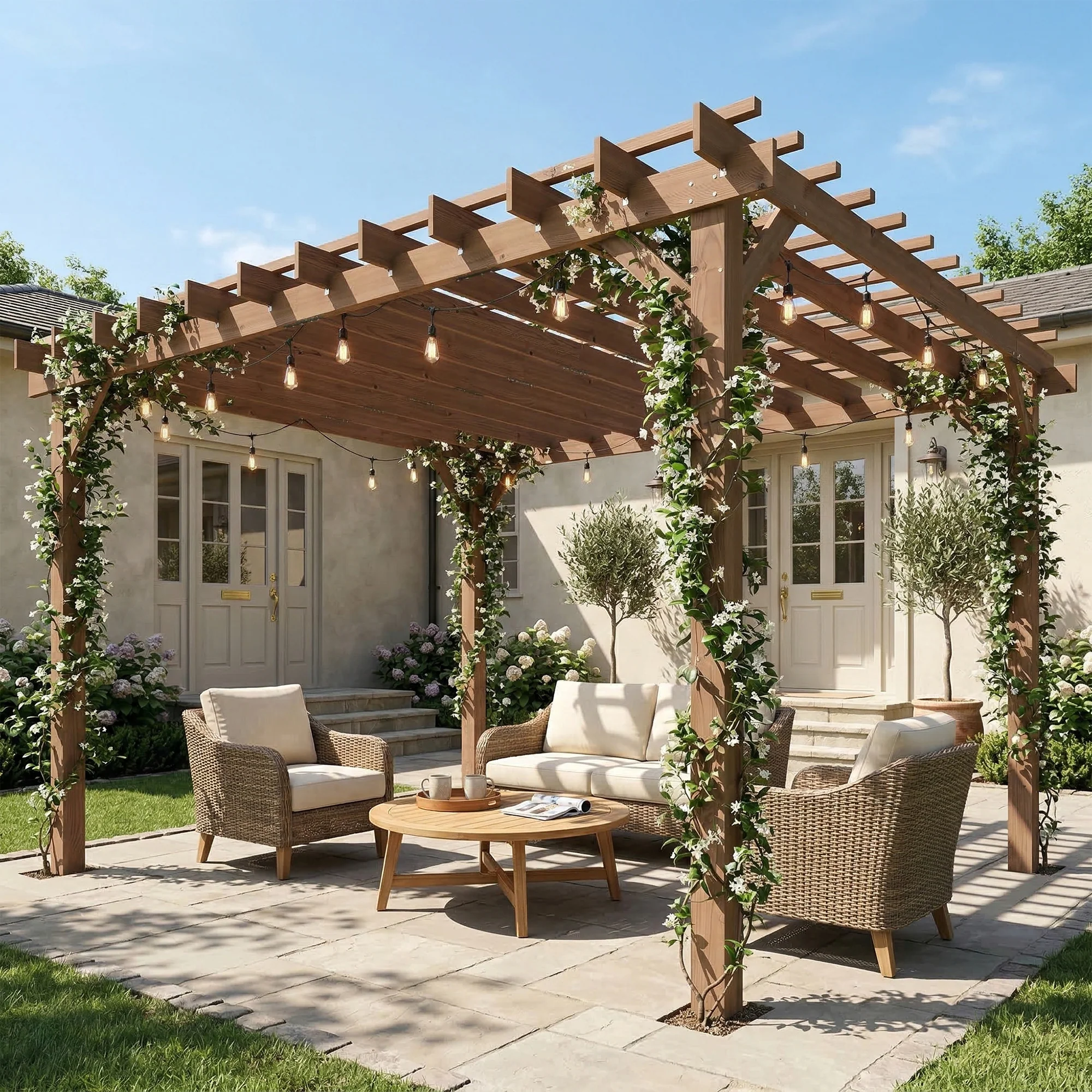 Wooden Pergola Kit 3 x 3 m Maple with Triangle Supports & Grape Trellis - Image 11