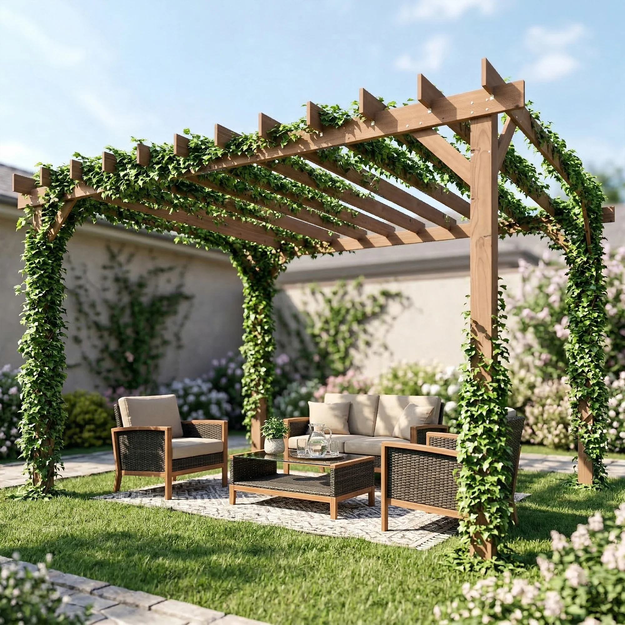 Wooden Pergola Kit 3 x 3 m Maple with Triangle Supports & Grape Trellis - Image 4