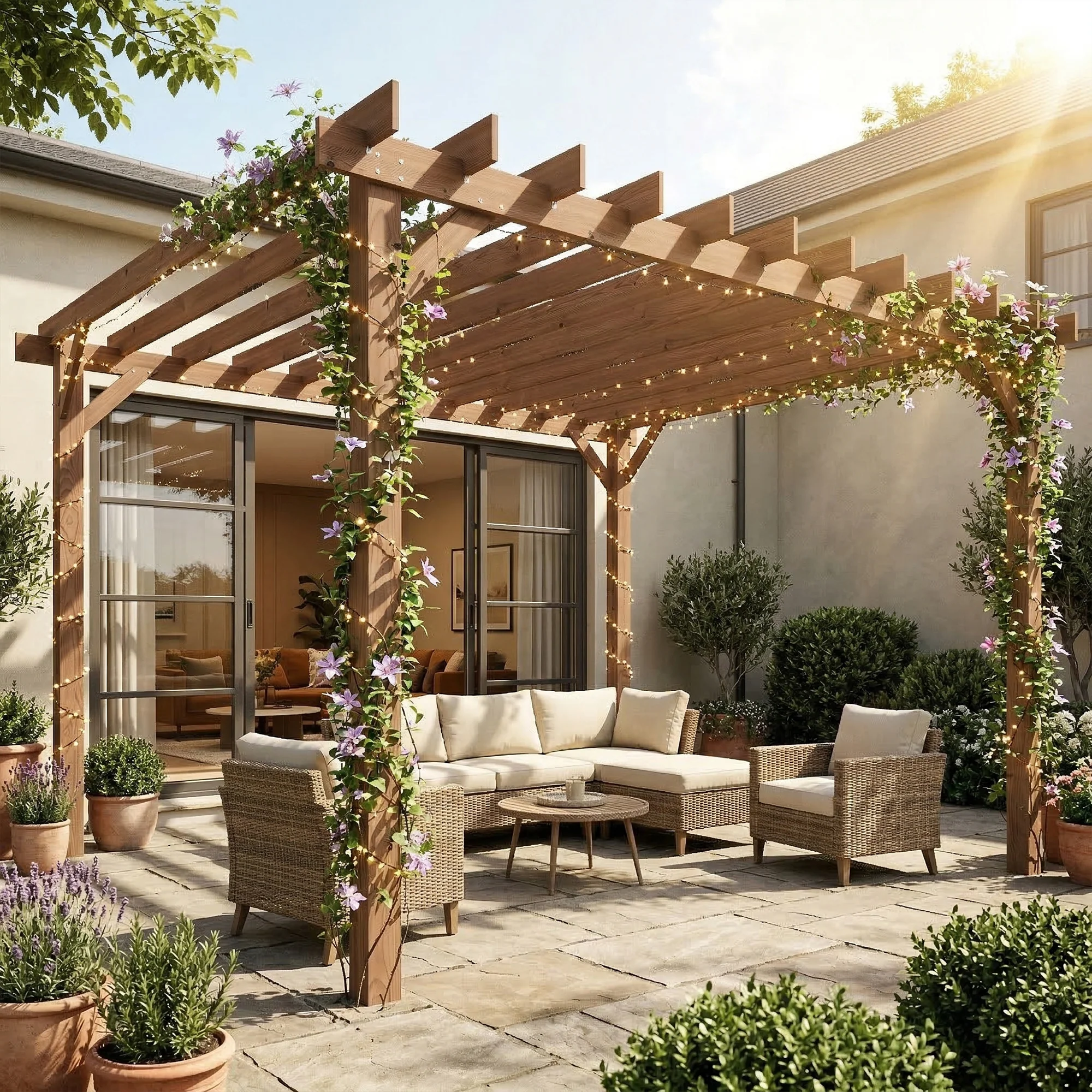 Wooden Pergola Kit 3 x 3 m Maple with Triangle Supports & Grape Trellis - Image 9