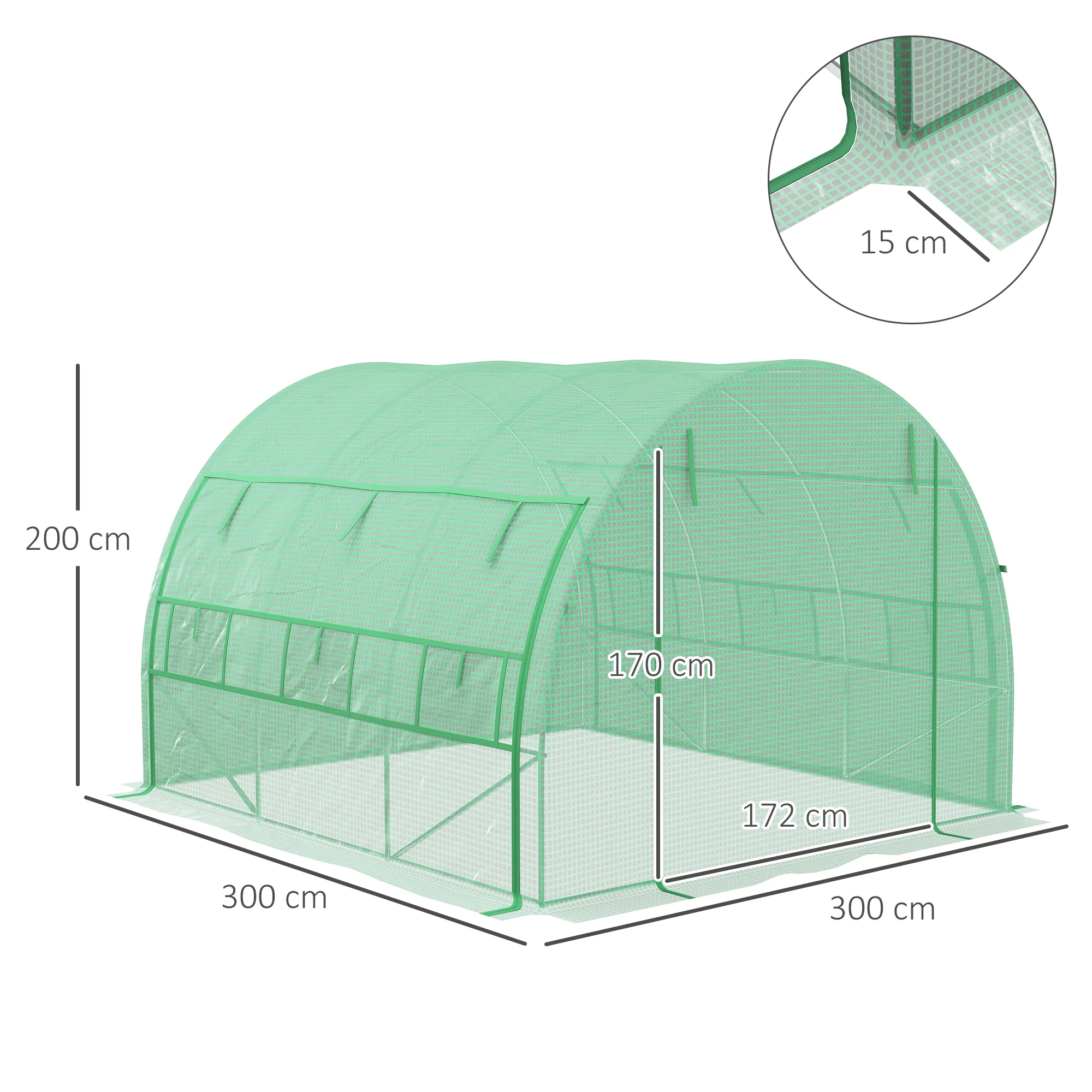 3 x 3 x 2m Polytunnel Greenhouse with Roll-up Side Walls, Reinforced Cover & 6 Mesh Windows, Green - Image 5
