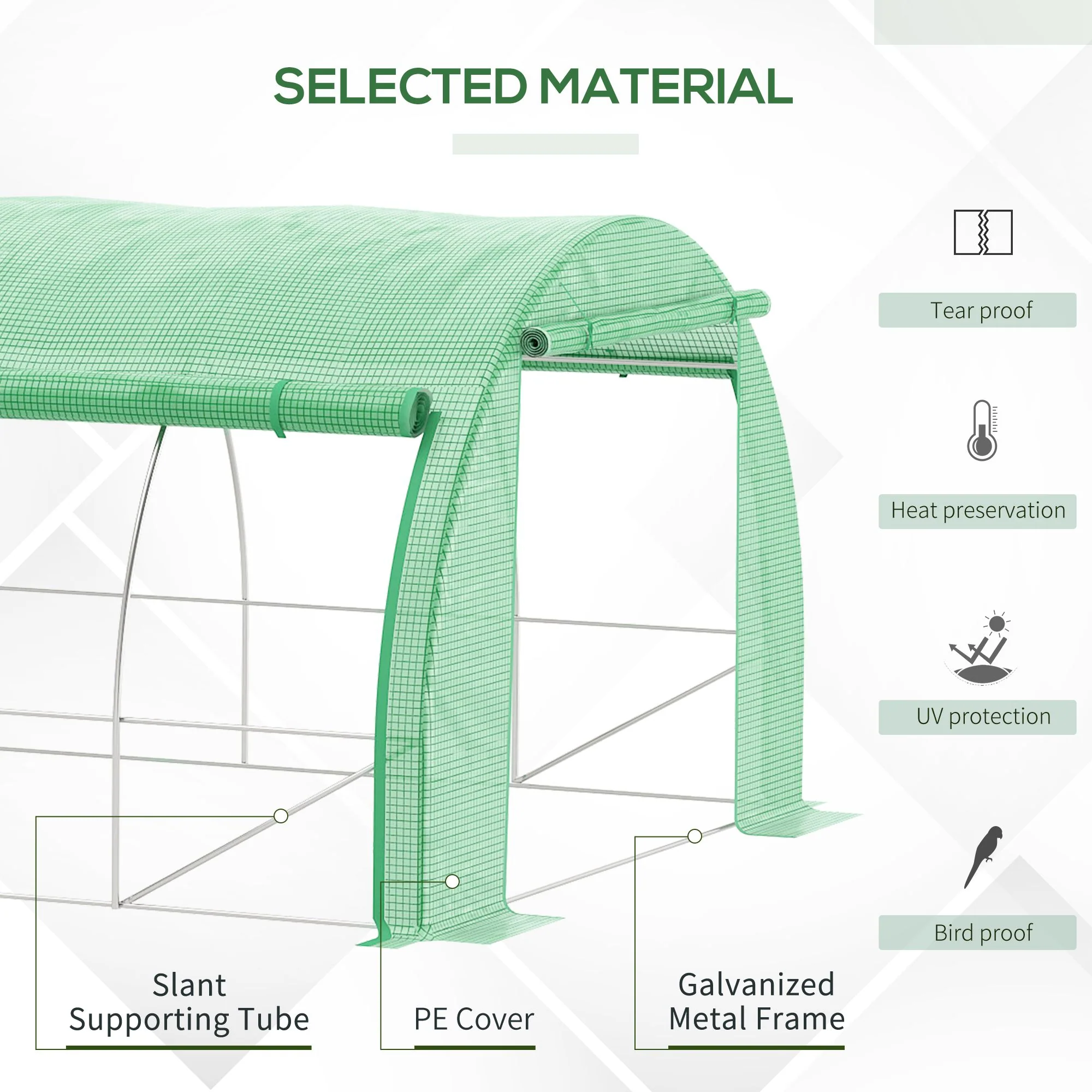 3 x 3 x 2m Polytunnel Greenhouse with Roll-up Side Walls, Reinforced Cover & 6 Mesh Windows, Green - Image 6