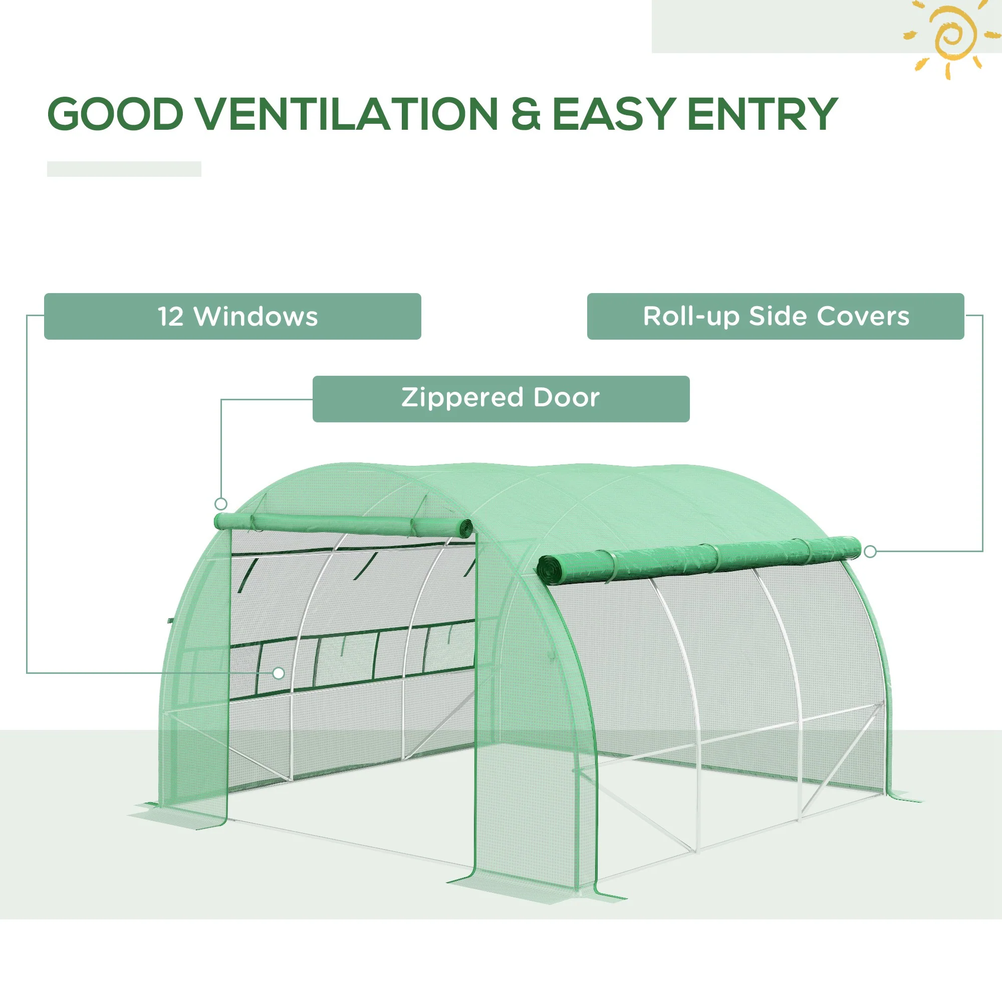 3 x 3 x 2m Polytunnel Greenhouse with Roll-up Side Walls, Reinforced Cover & 6 Mesh Windows, Green - Image 7