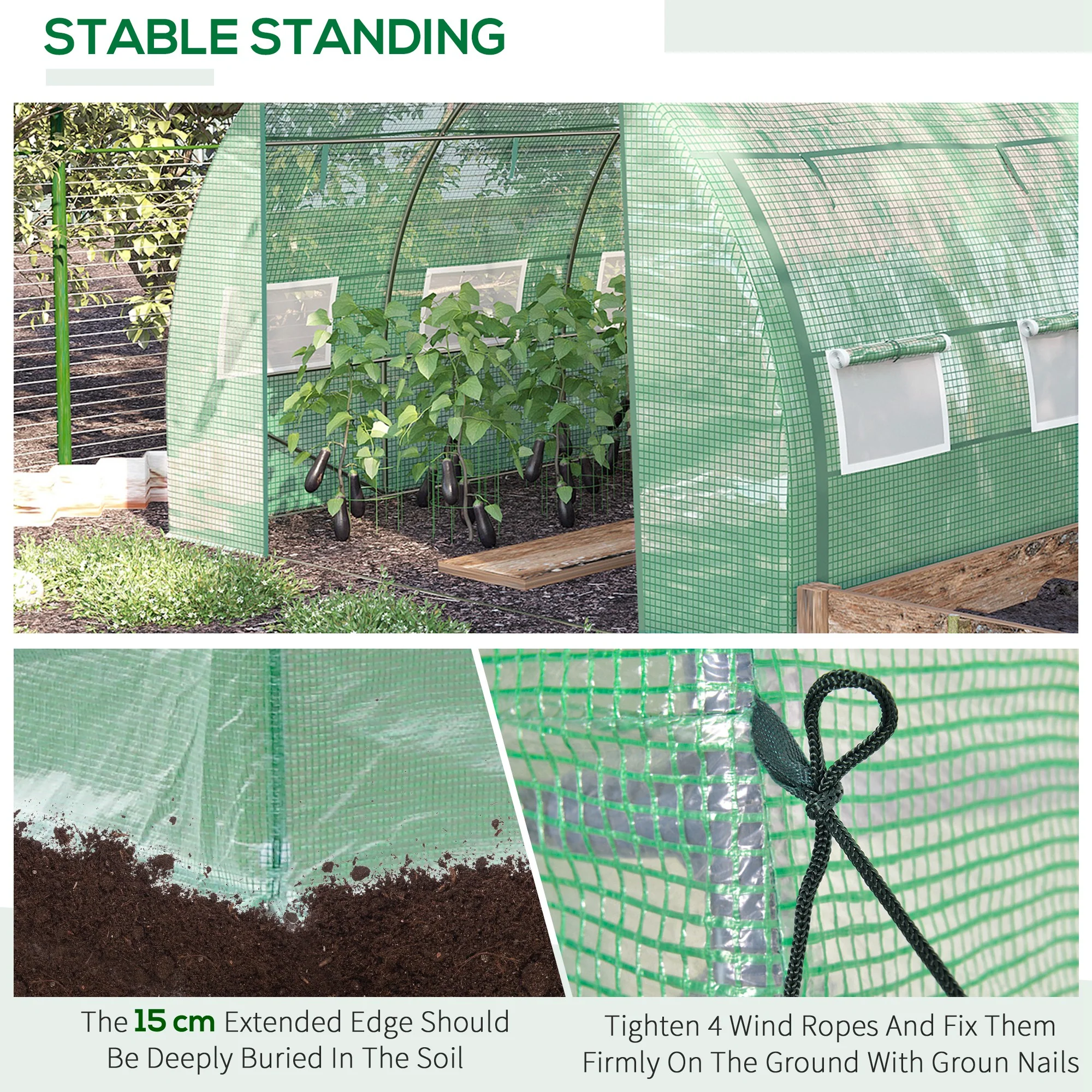3 x 3 x 2m Polytunnel Greenhouse with Roll-up Side Walls, Reinforced Cover & 6 Mesh Windows, Green - Image 8