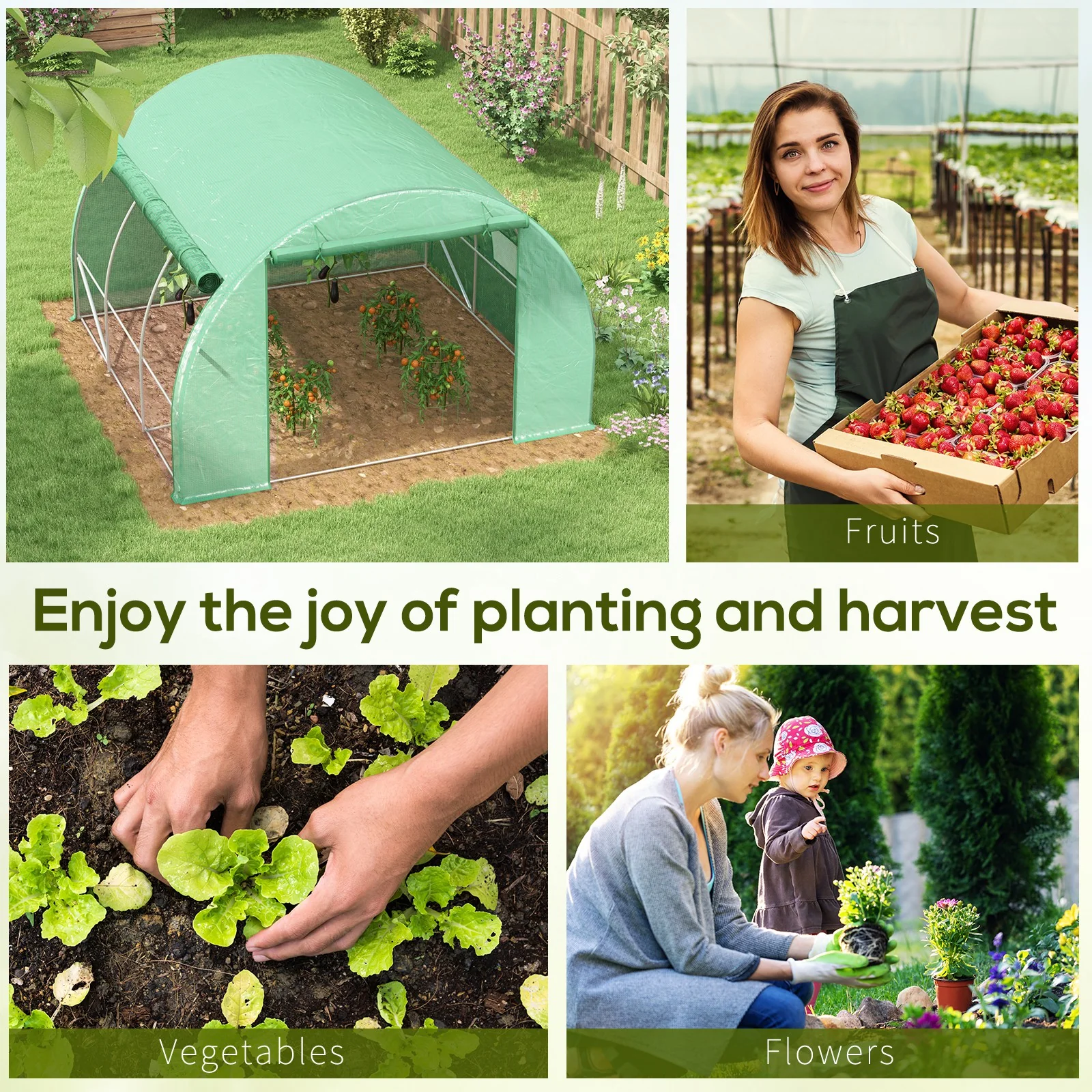 3 x 3 x 2m Polytunnel Greenhouse with Roll-up Side Walls, Reinforced Cover & 6 Mesh Windows, Green - Image 9