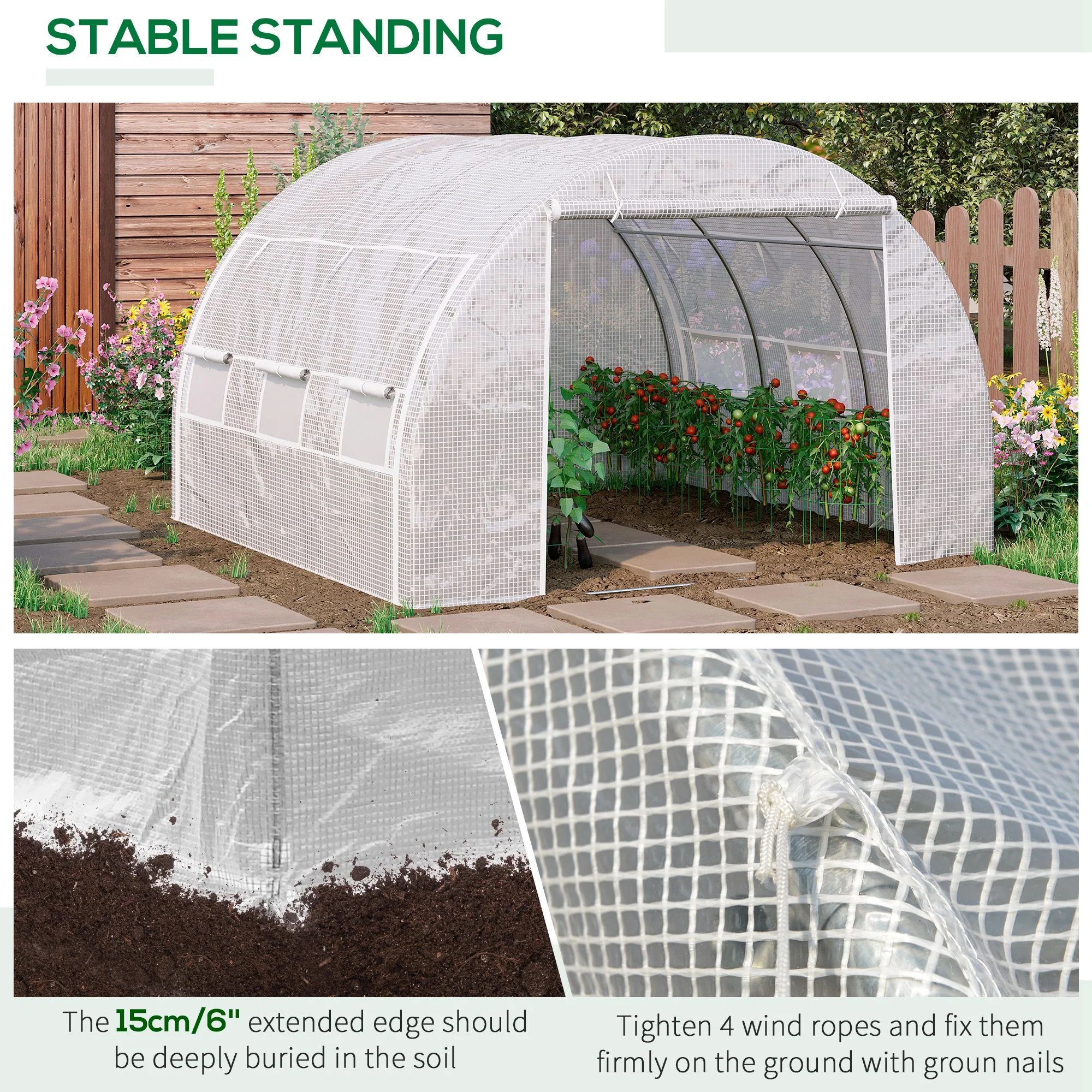 3 x 3 x 2m Polytunnel Greenhouse with Roll-up Side Walls, Reinforced Cover & 6 Mesh Windows, White - Image 8