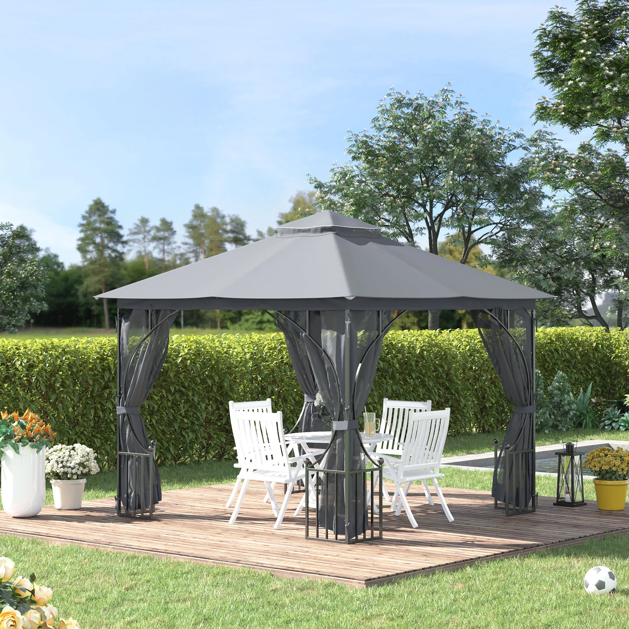3 x 3m Garden Gazebo with Double Tier Roof & Netting, Light Grey - Image 4