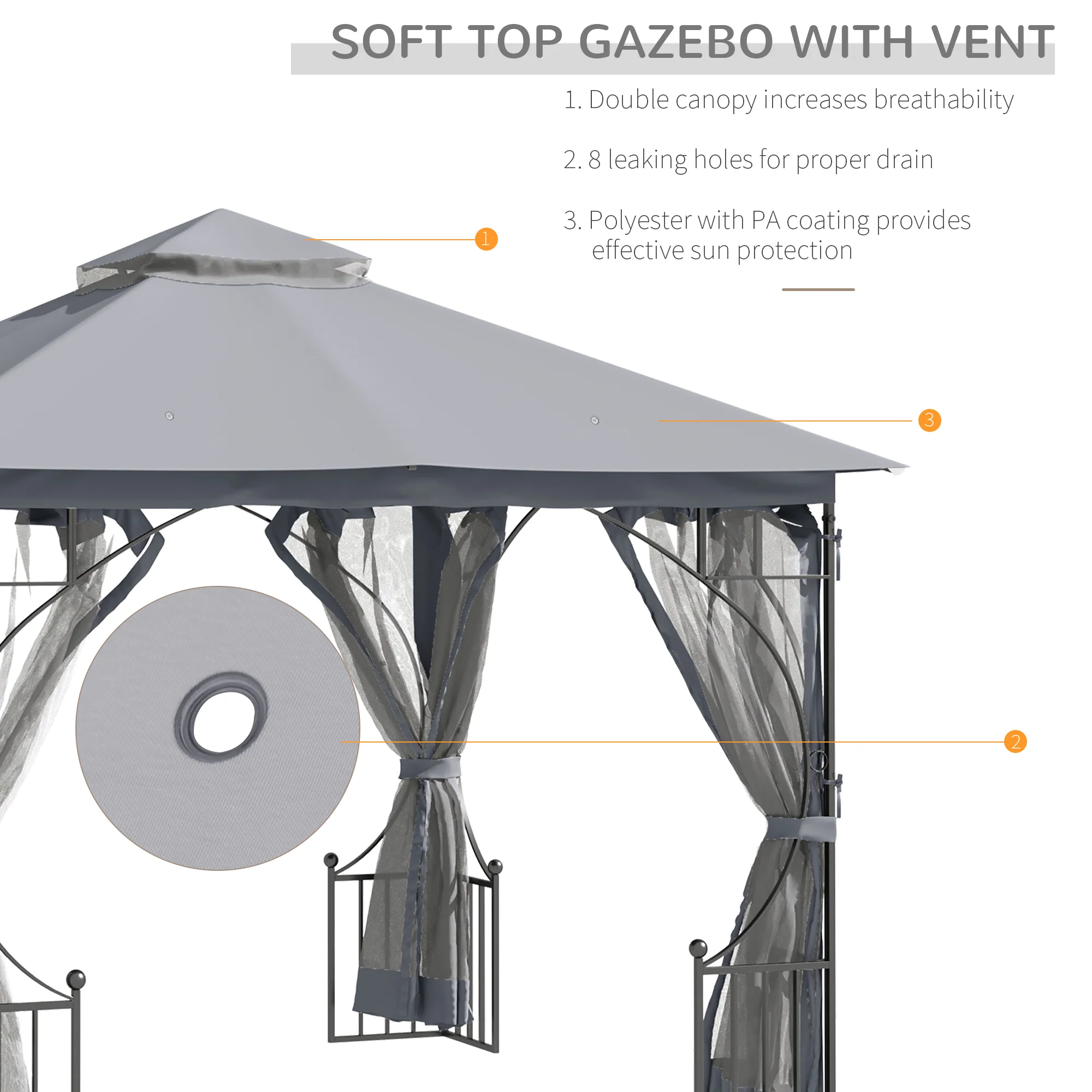 3 x 3m Garden Gazebo with Double Tier Roof & Netting, Light Grey - Image 6