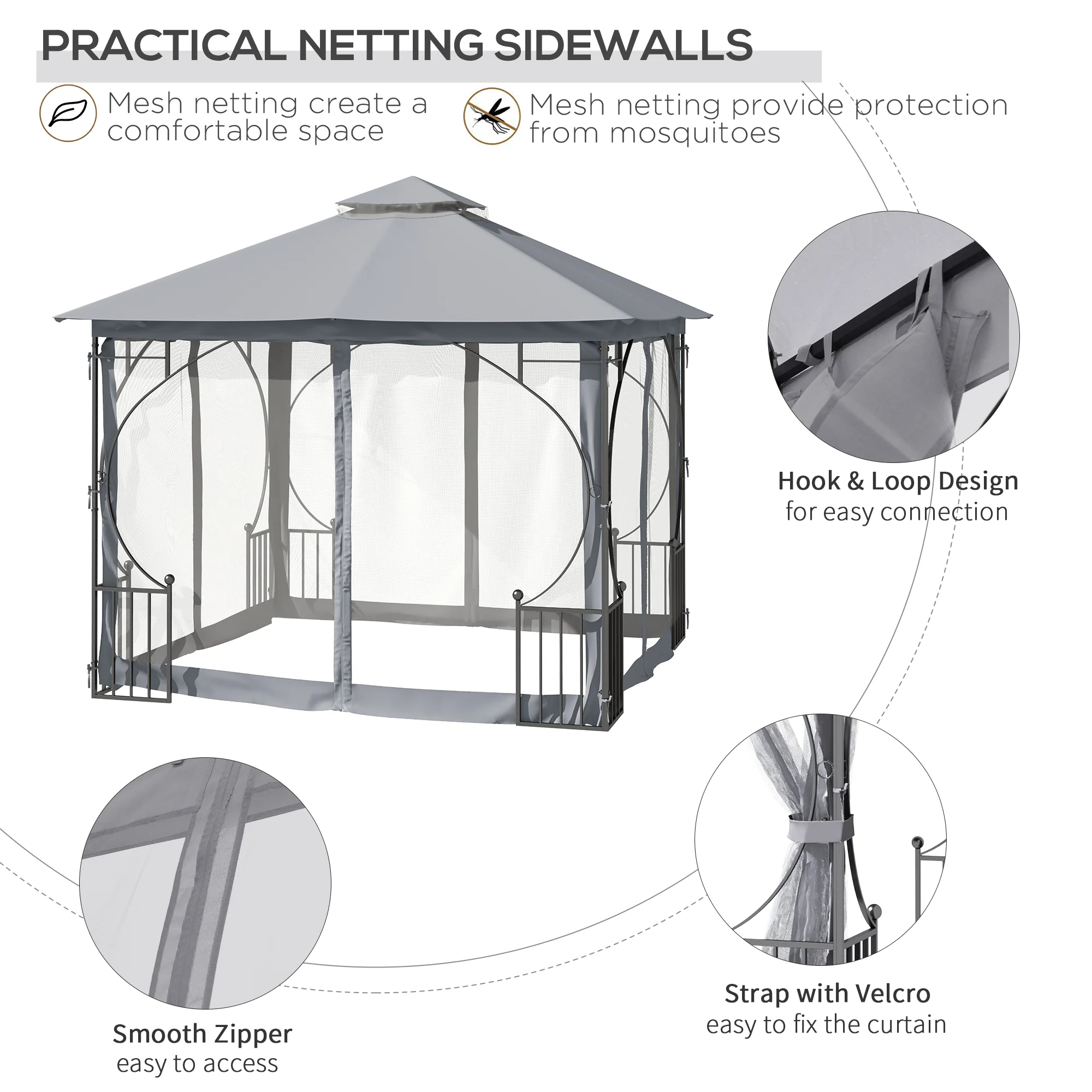 3 x 3m Garden Gazebo with Double Tier Roof & Netting, Light Grey - Image 8