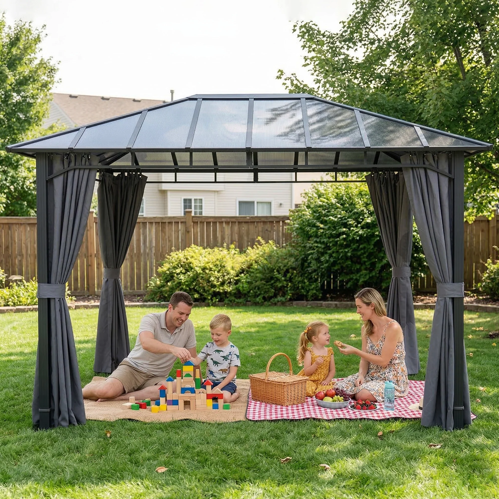 3 x 4 m Hardtop Gazebo with Polycarbonate Roof and Curtains, Dark Grey - Image 11