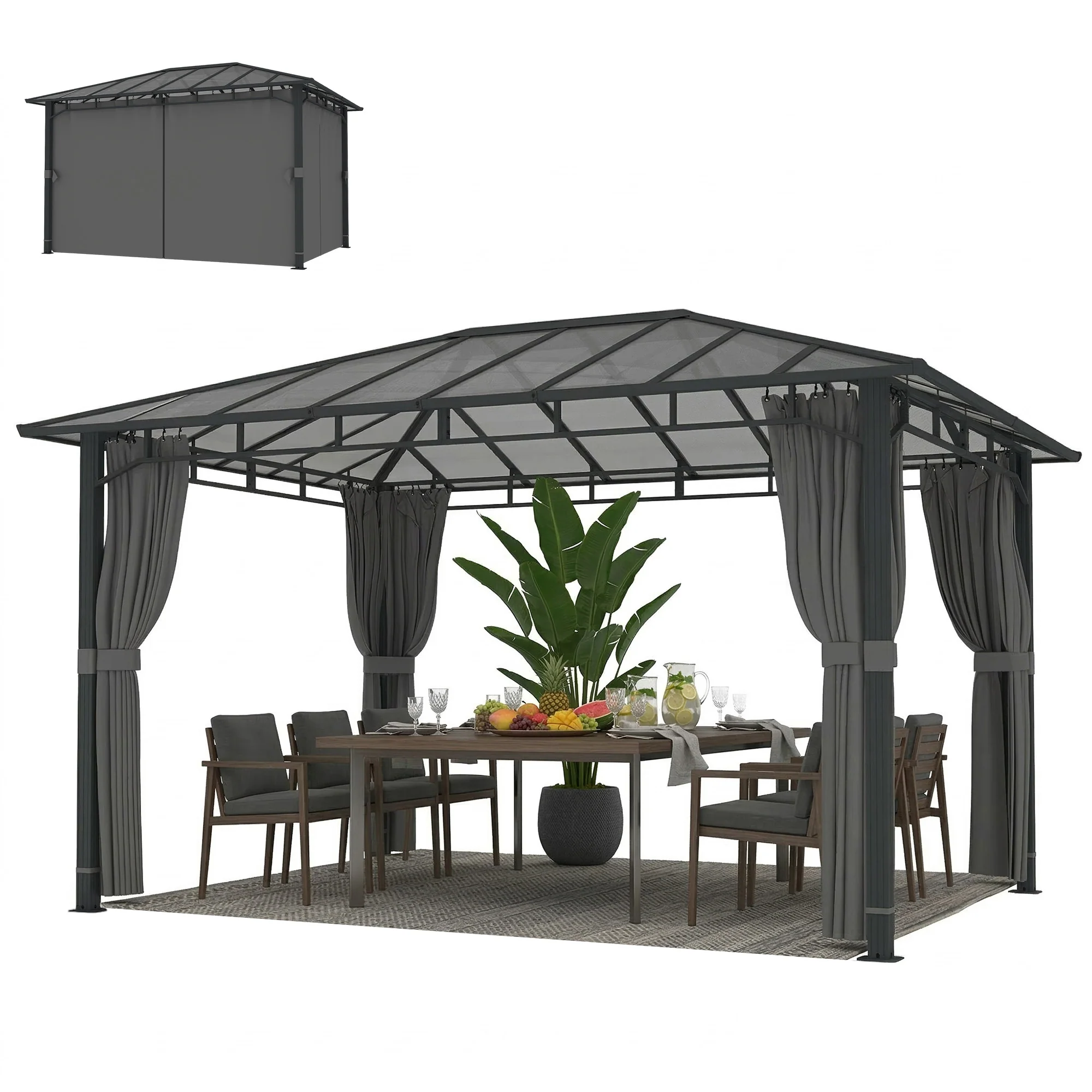 3 x 4 m Hardtop Gazebo with Polycarbonate Roof and Curtains, Dark Grey - Image 2