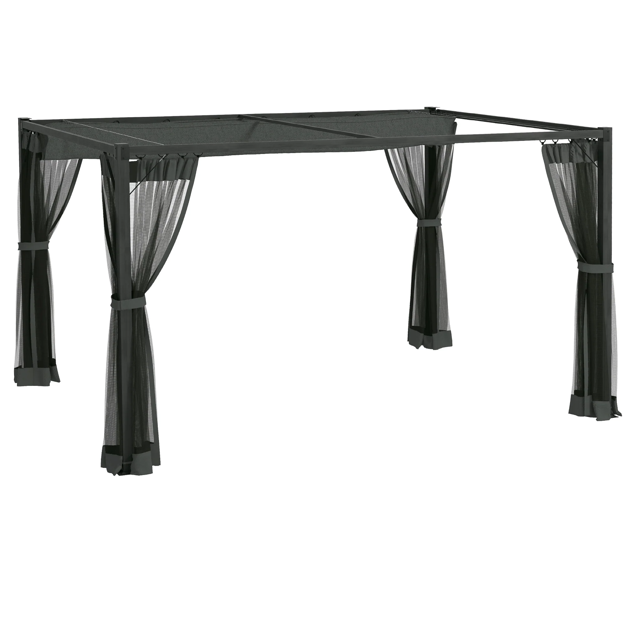 3 x 4m Pergola with Retractable Roof Canopy & Netting Sidewalls for Patio, Deck, Dark Grey