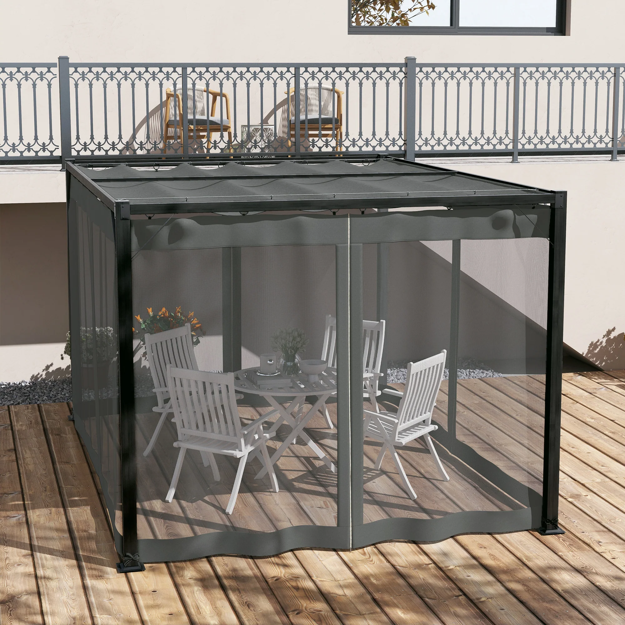 3 x 4m Pergola with Retractable Roof Canopy & Netting Sidewalls for Patio, Deck, Dark Grey - Image 11