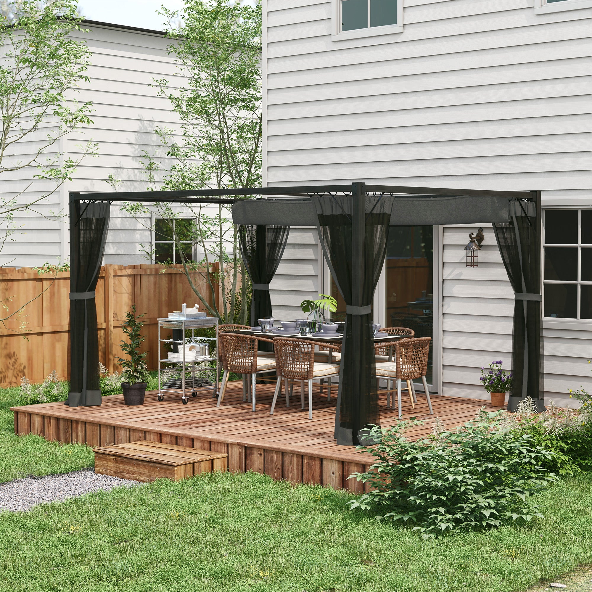 3 x 4m Pergola with Retractable Roof Canopy & Netting Sidewalls for Patio, Deck, Dark Grey - Image 3