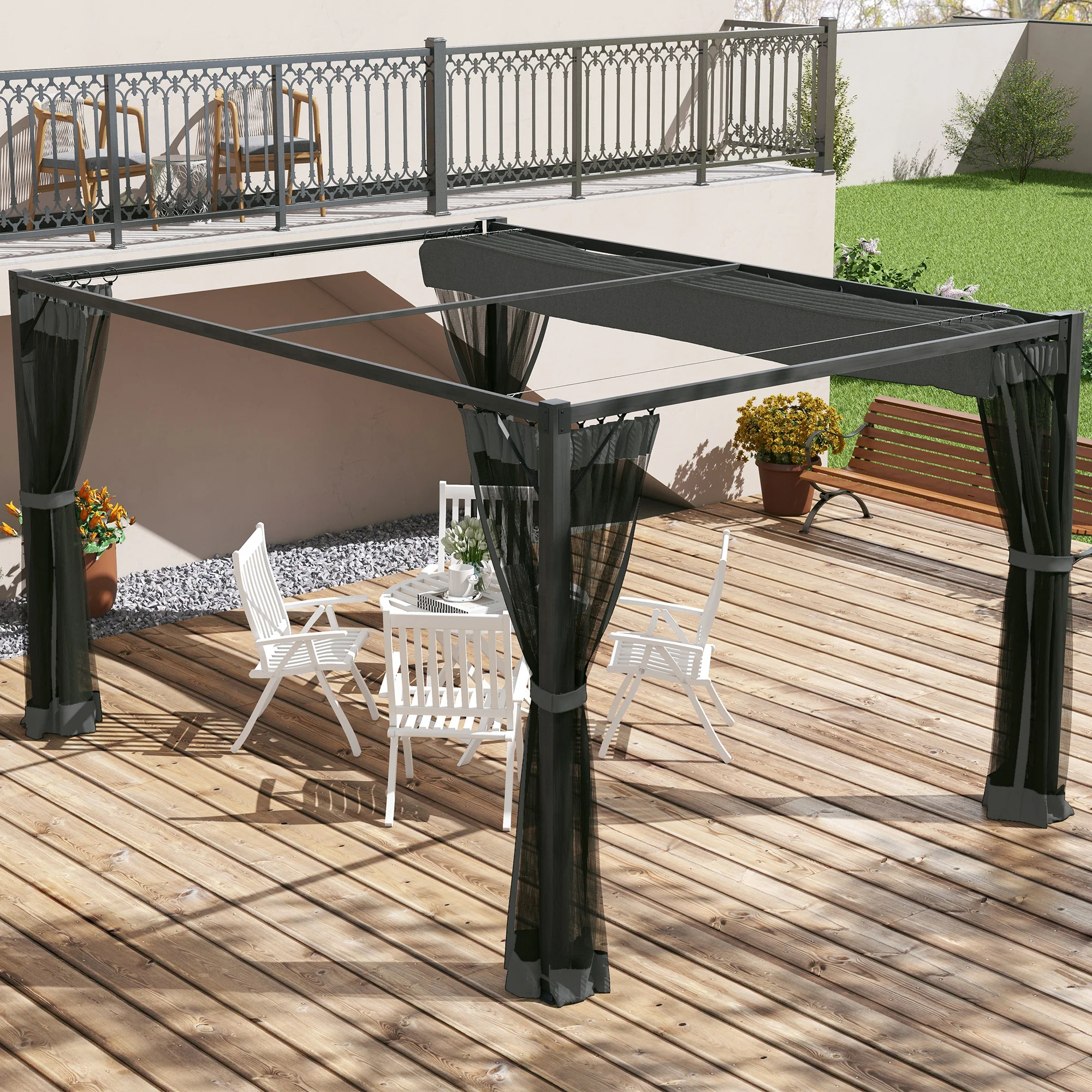 3 x 4m Pergola with Retractable Roof Canopy & Netting Sidewalls for Patio, Deck, Dark Grey - Image 4