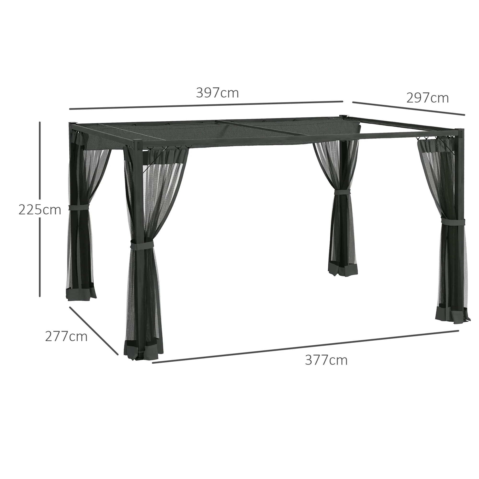 3 x 4m Pergola with Retractable Roof Canopy & Netting Sidewalls for Patio, Deck, Dark Grey - Image 5