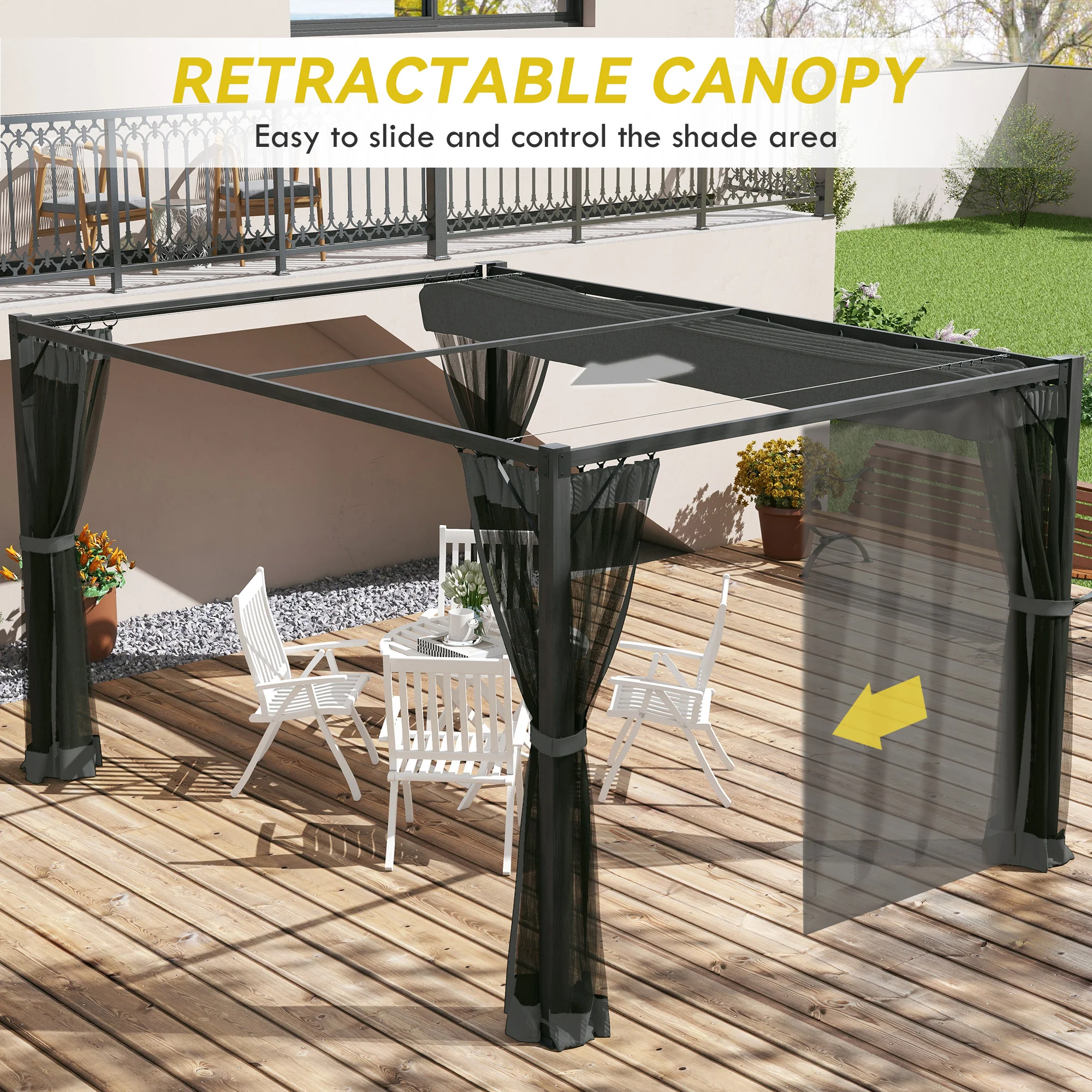 3 x 4m Pergola with Retractable Roof Canopy & Netting Sidewalls for Patio, Deck, Dark Grey - Image 6
