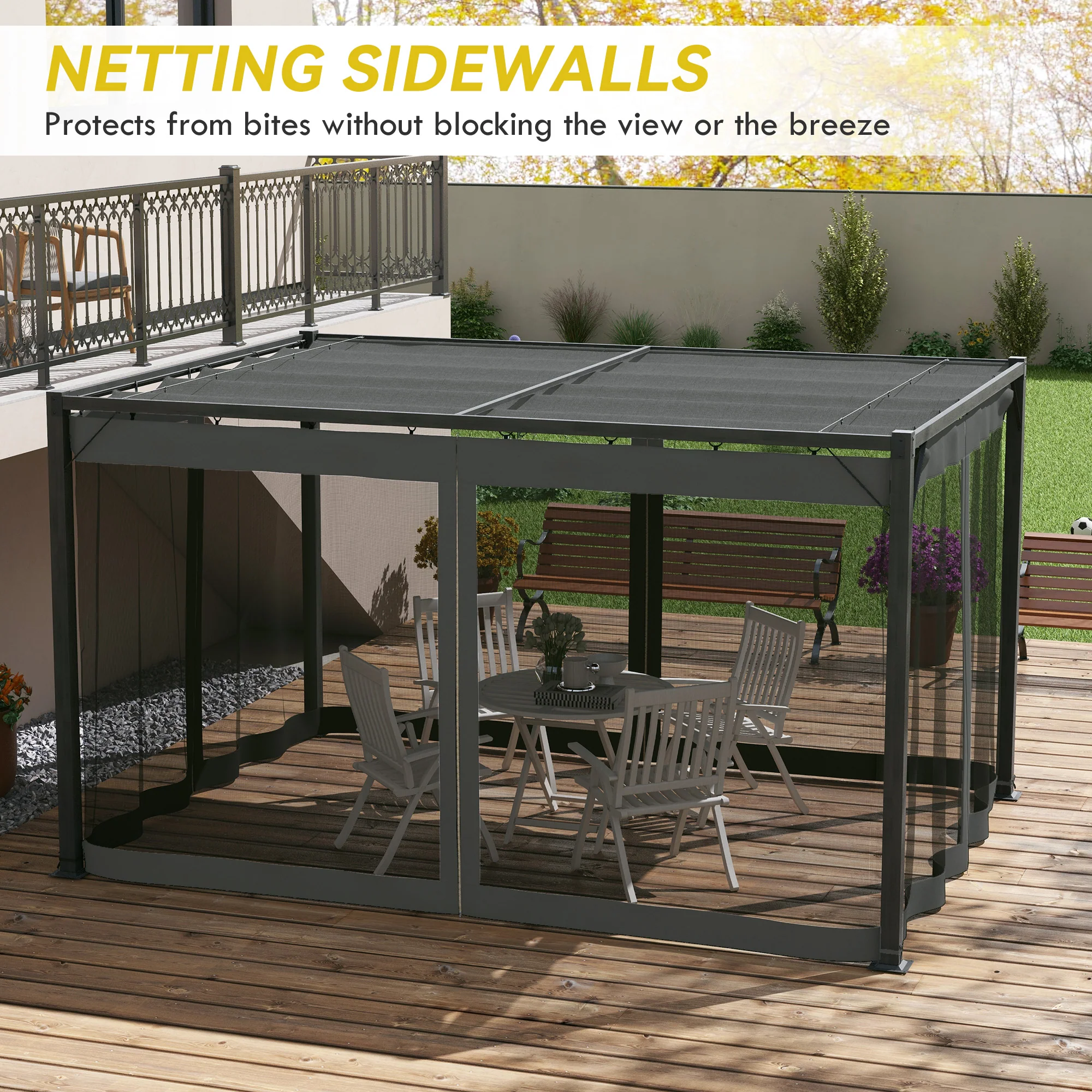 3 x 4m Pergola with Retractable Roof Canopy & Netting Sidewalls for Patio, Deck, Dark Grey - Image 7
