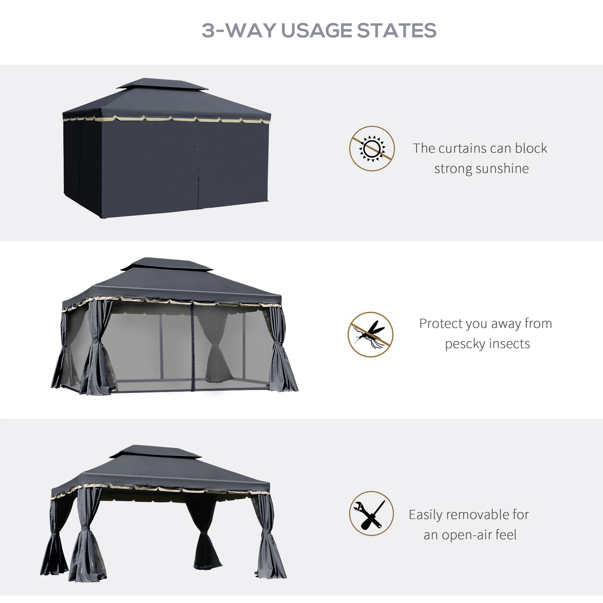 3 x 4m Aluminium Garden Gazebo, Pavilion Party Tent with Nets and Curtains, Black - Image 6