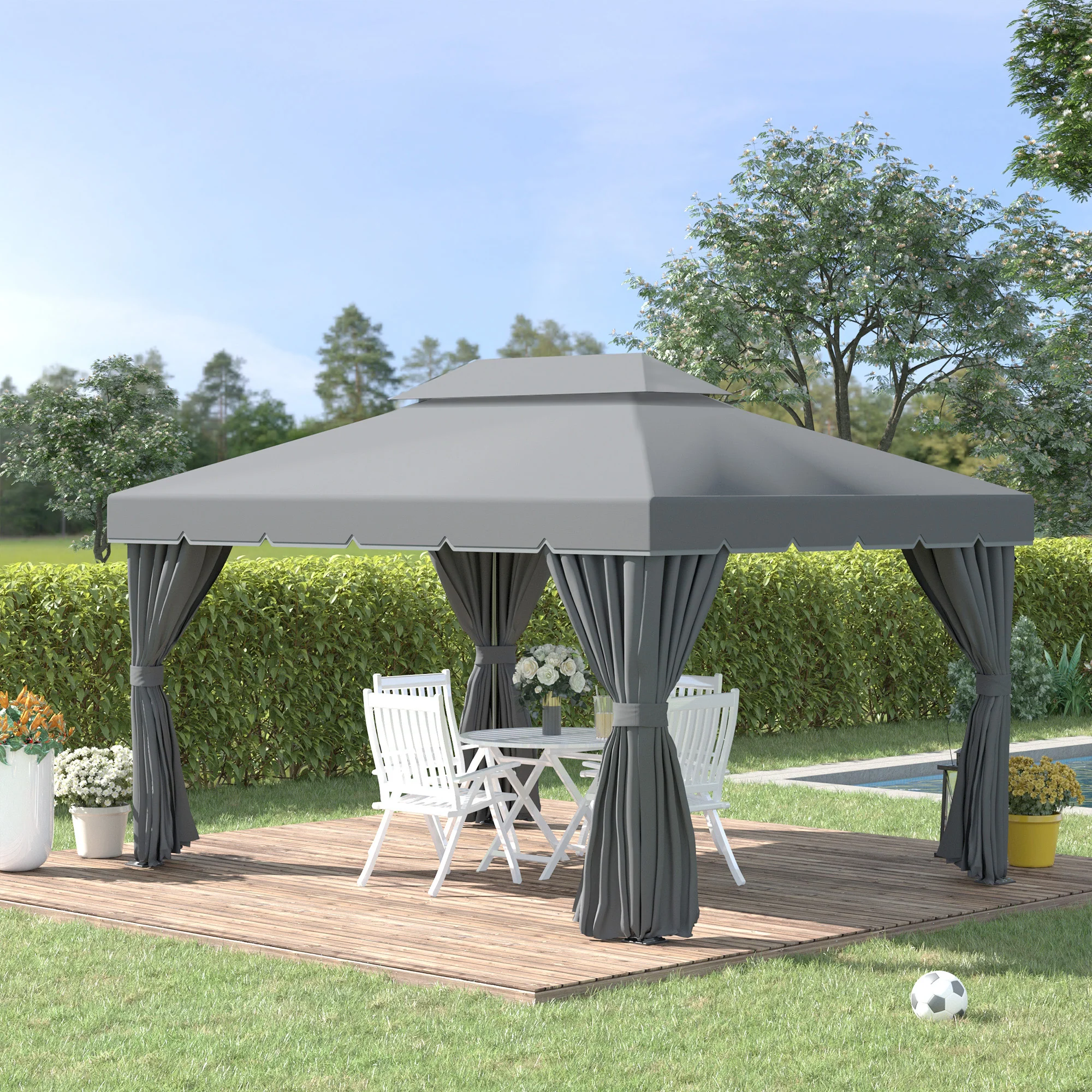 3 x 4m Aluminium Garden Gazebo, Pavilion Party Tent with Nets and Curtains, Dark Grey - Image 3