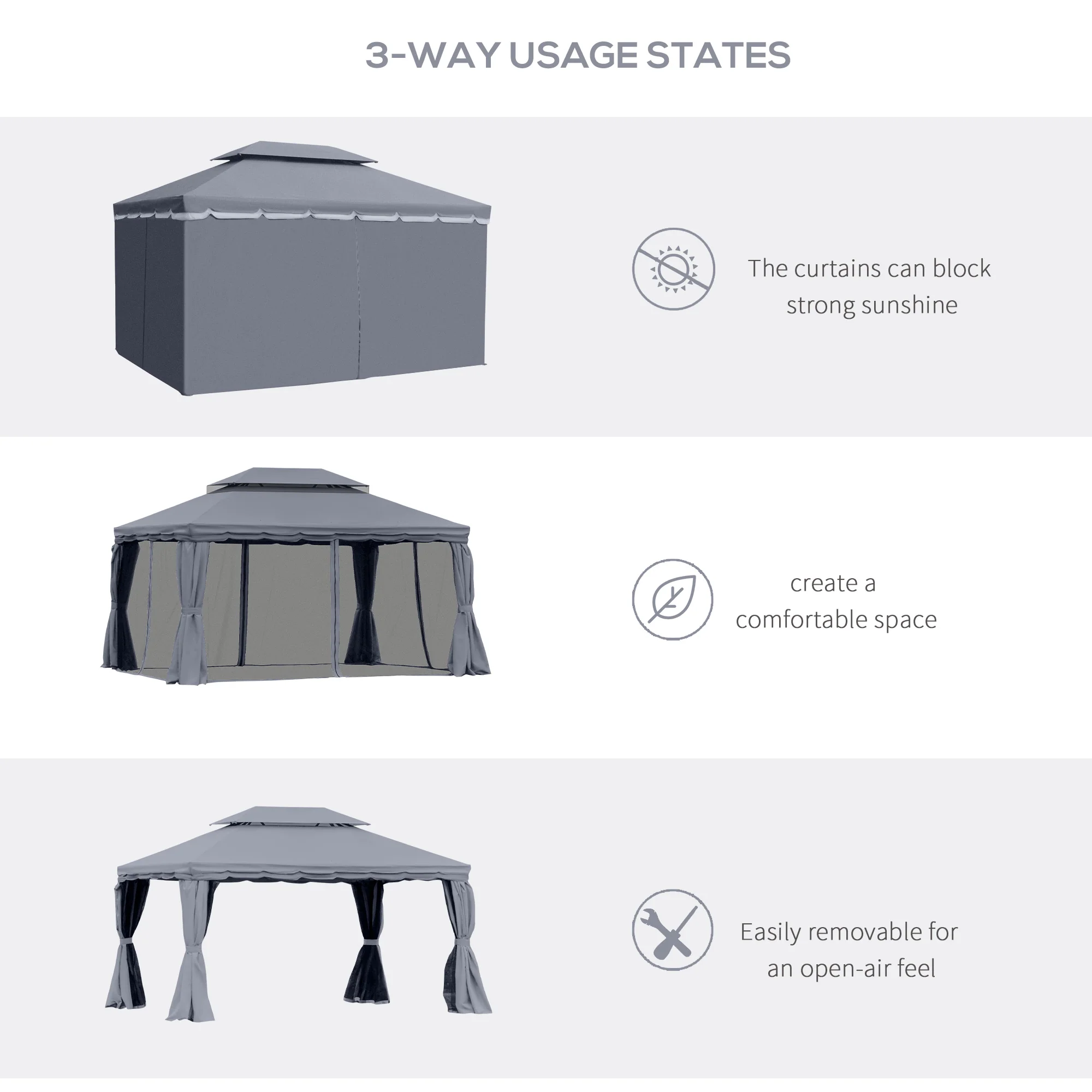 3 x 4m Aluminium Garden Gazebo, Pavilion Party Tent with Nets and Curtains, Dark Grey - Image 6