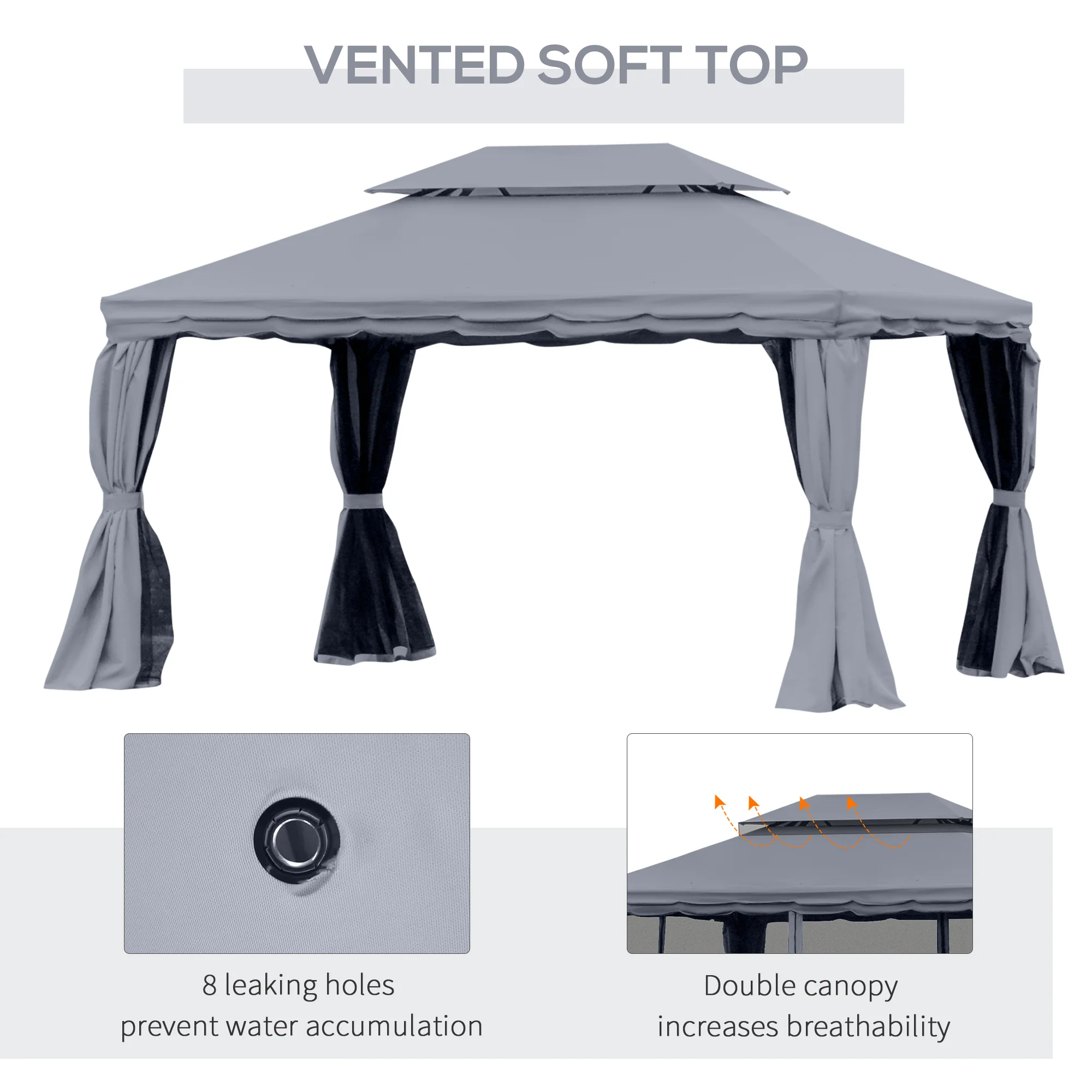 3 x 4m Aluminium Garden Gazebo, Pavilion Party Tent with Nets and Curtains, Dark Grey - Image 7